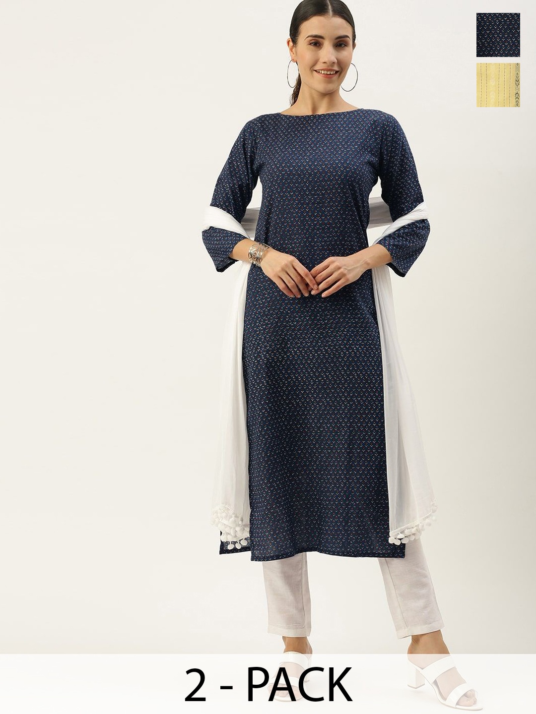 

KALINI Selection Of 2 Floral Printed Round Neck Straight Kurtas With Trousers, Navy blue