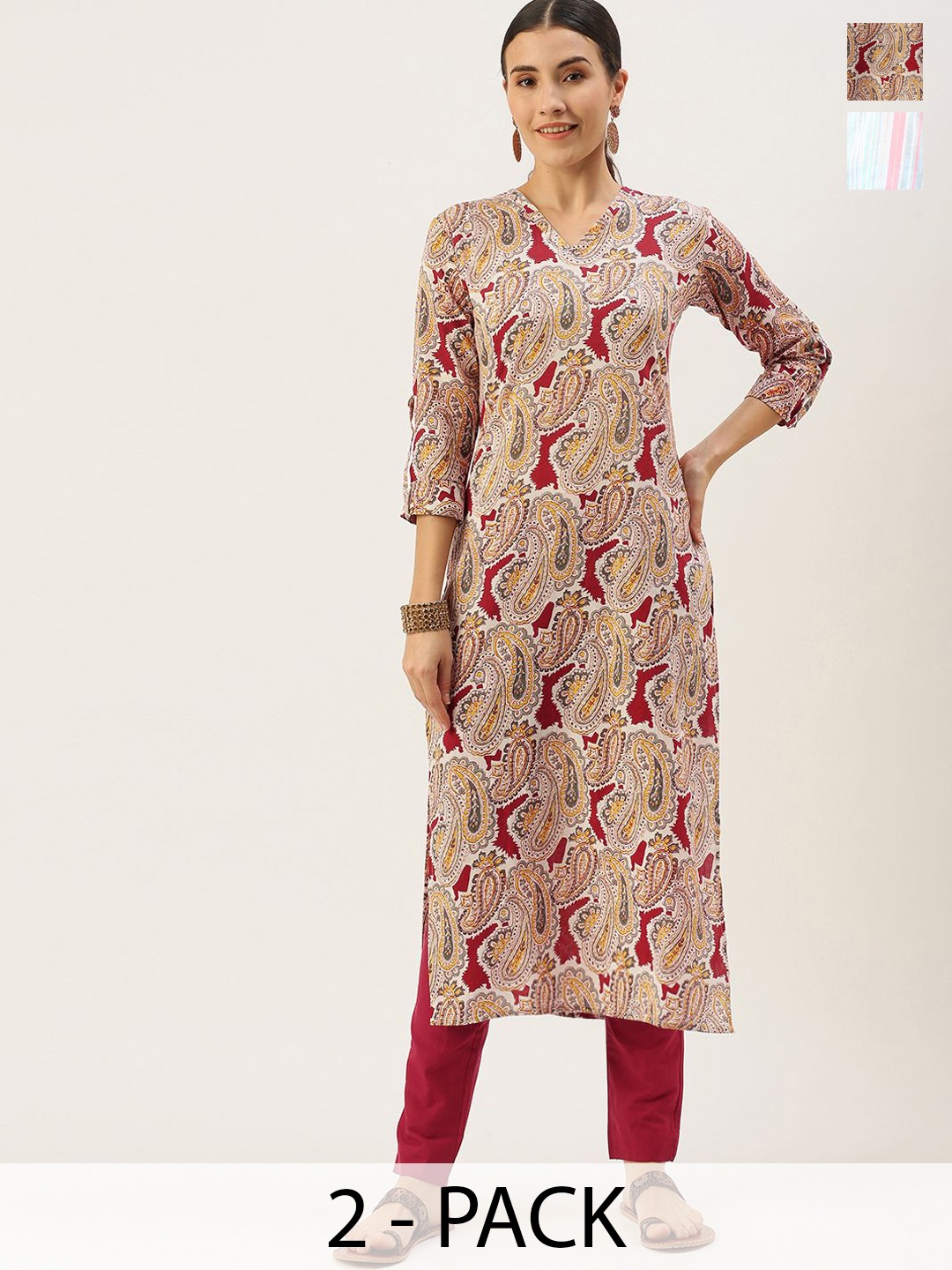 

KALINI Selection Of 2 Paisley Printed V-Neck Straight Kurtas With Trousers, Brown