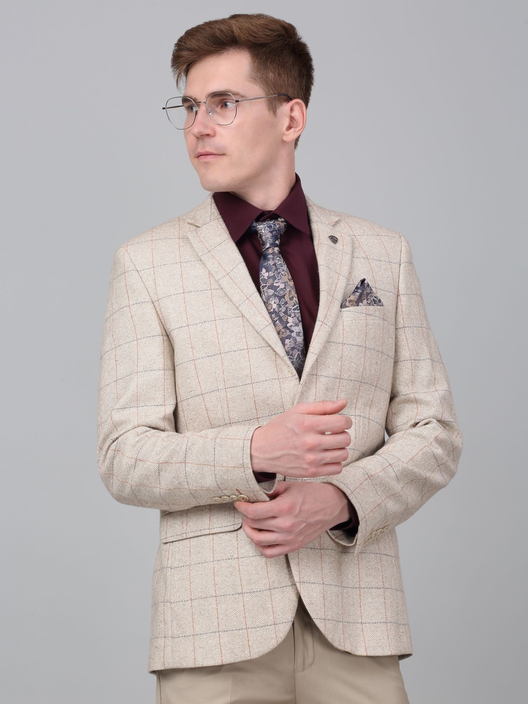 

Cantabil Checked Single Breasted Formal Blazer, Beige