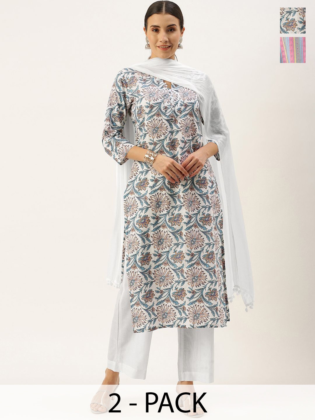 

KALINI Selection Of 2 Floral Printed Notched Neck Straight Kurtas With Trousers, White