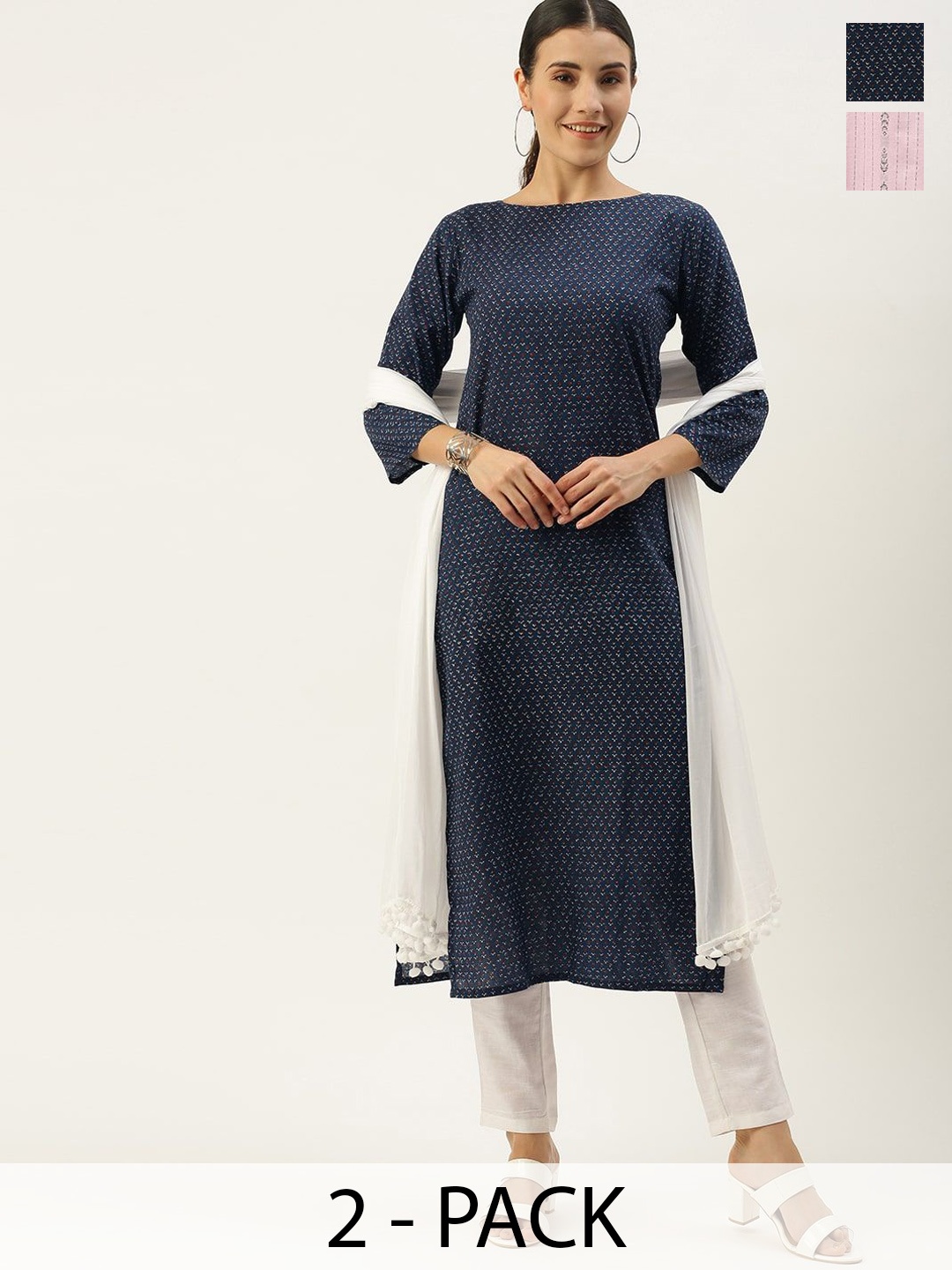 

KALINI Selection Of 2 Floral Printed Round Neck Straight Kurtas With Trousers, Navy blue