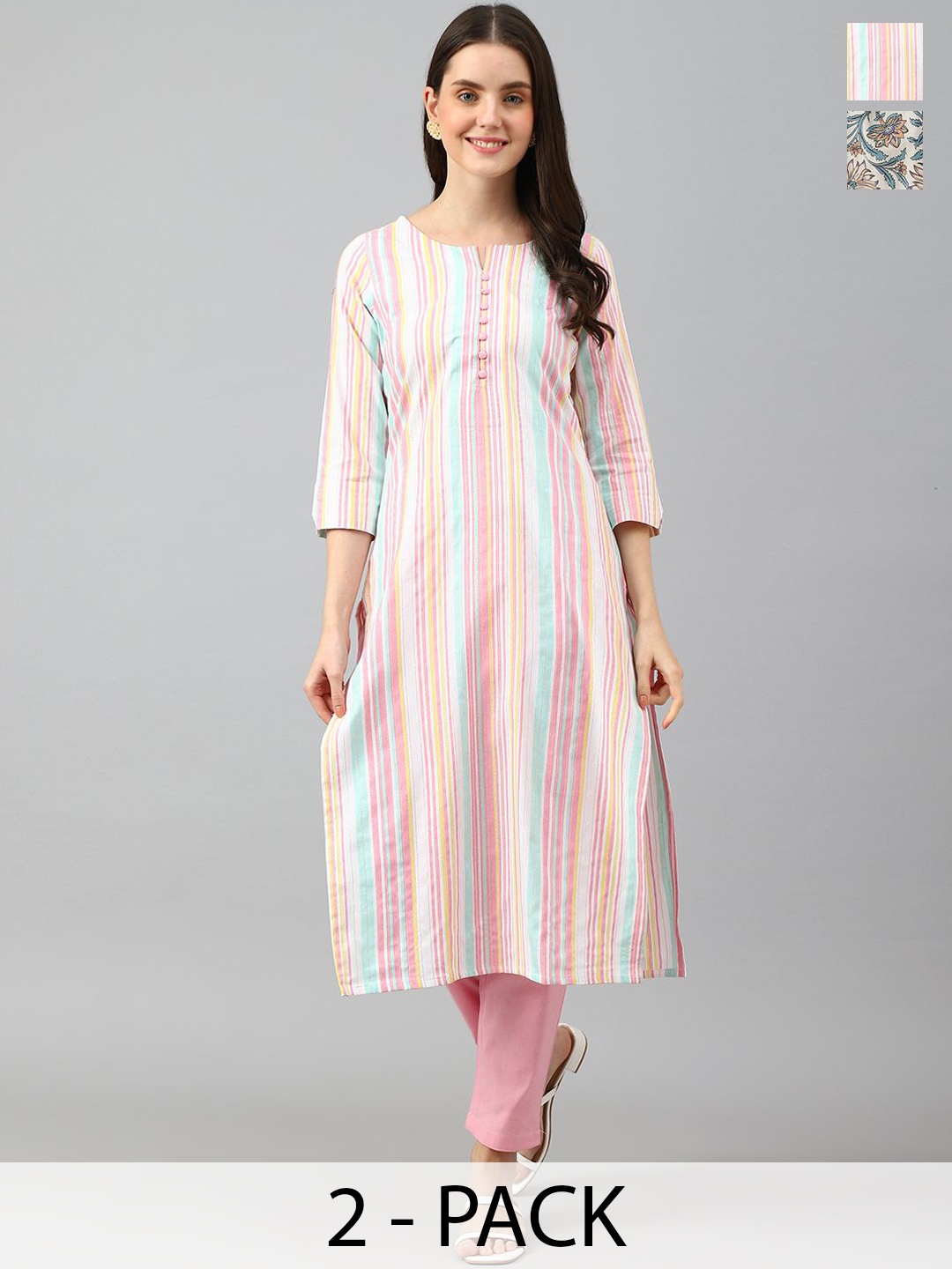 

KALINI Selection Of 2 Striped Printed Notched Neck Straight Kurtas With Trousers, Peach