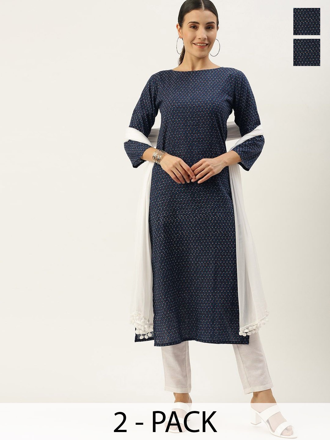 

KALINI Selection Of 2 Floral Printed Round Neck Straight Kurtas With Trousers, Navy blue
