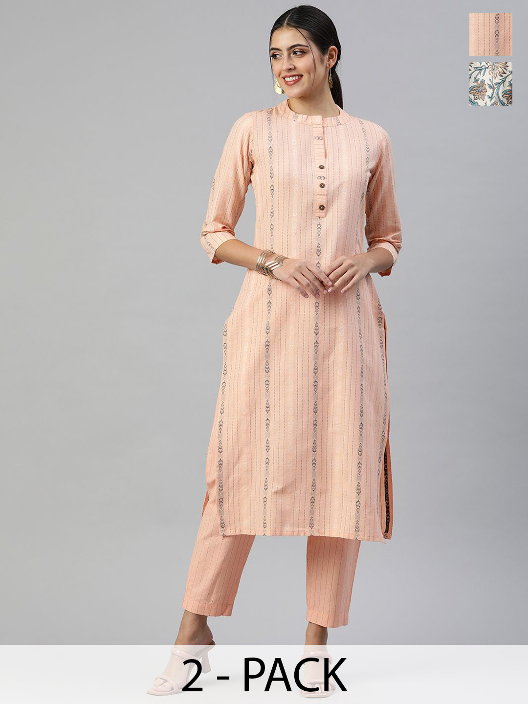 

KALINI Selection Of 2 Striped Printed Mandarin Collar Kurta With Trousers And Dupatta, Peach