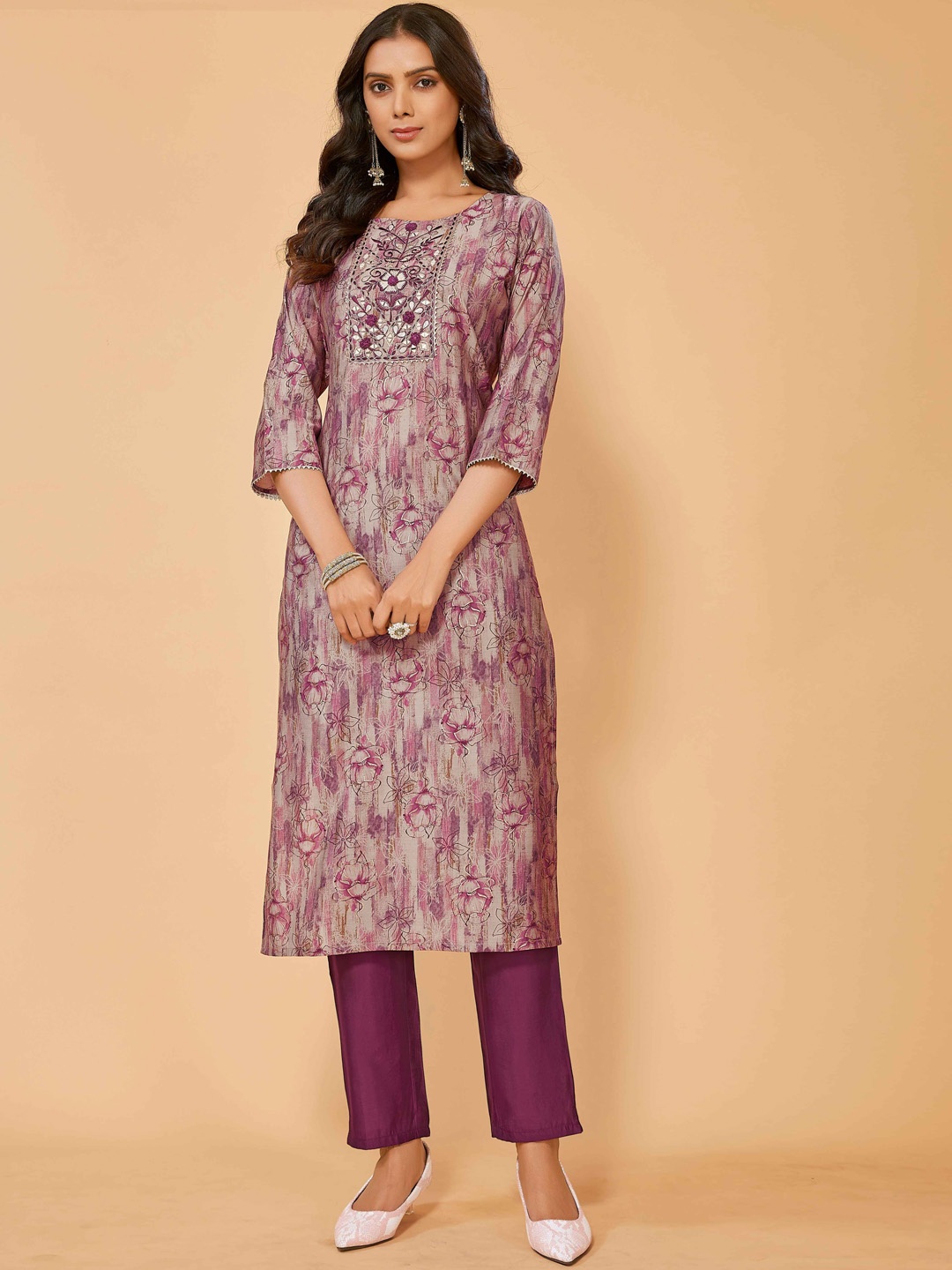 

Krimmple Floral Printed Embroidered Straight Kurta with Trouser, Magenta