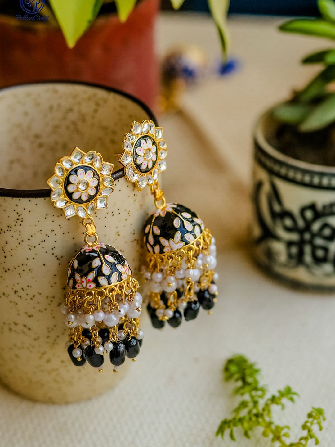 

PolluxCraft Gold-Plated Artificial Stones Studded And Beaded Dome Shaped Jhumkas, White