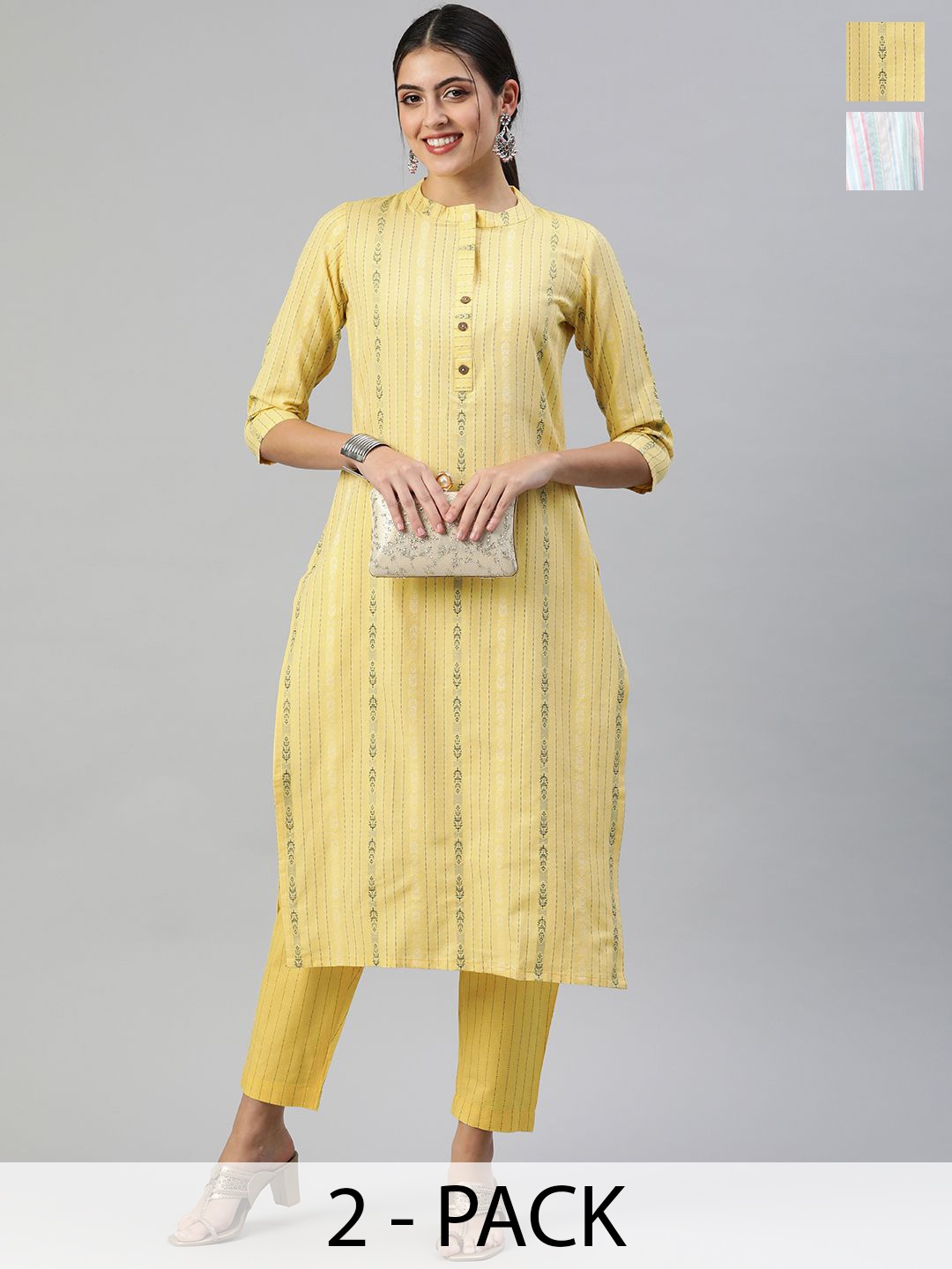 

KALINI Selection Of 2 Striped Printed Notch Neck Straight Kurta With Trousers, Yellow
