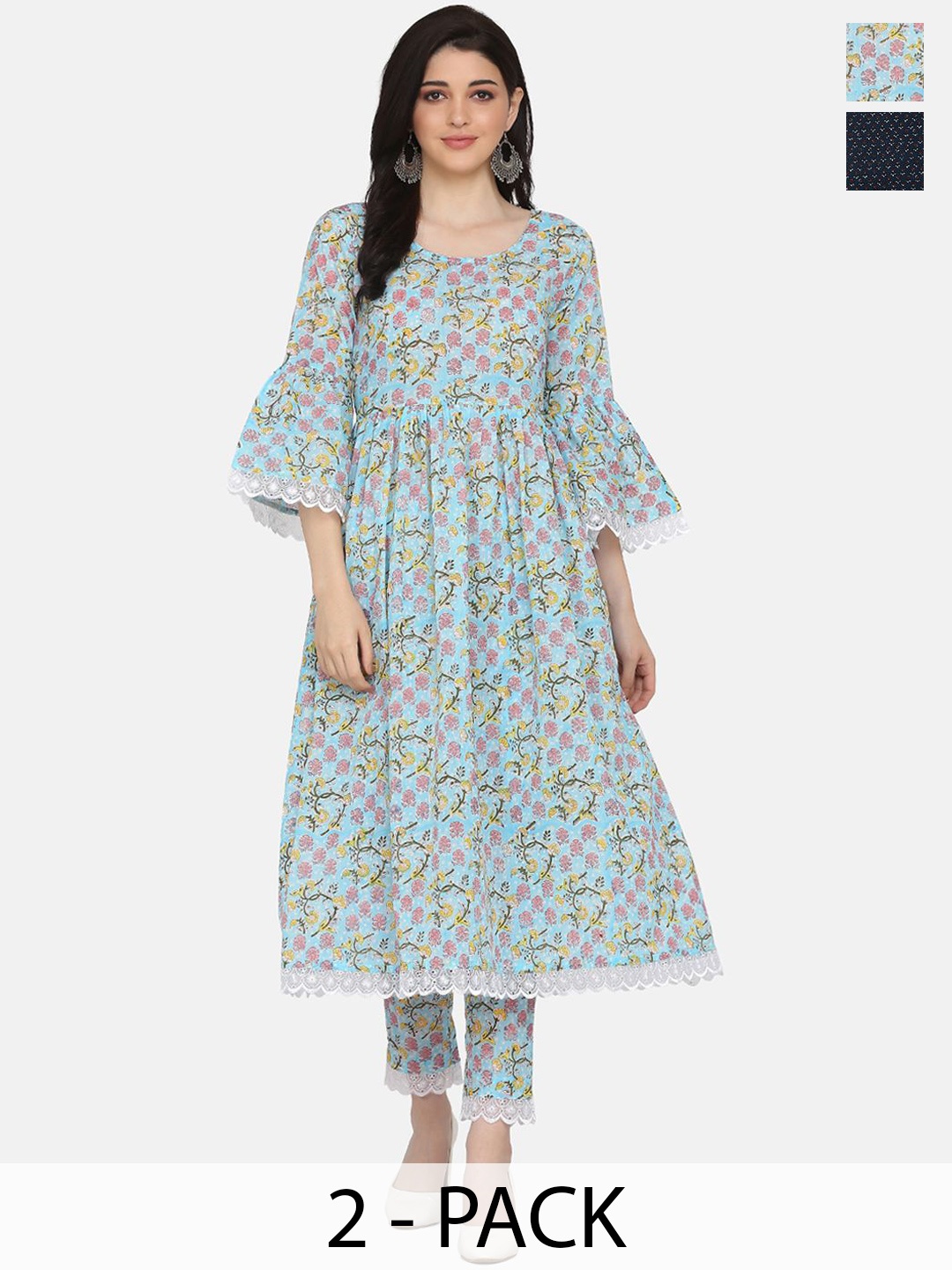 

KALINI Selection Of 2 Floral Printed Round Neck A-line Kurtas With Trousers, Blue