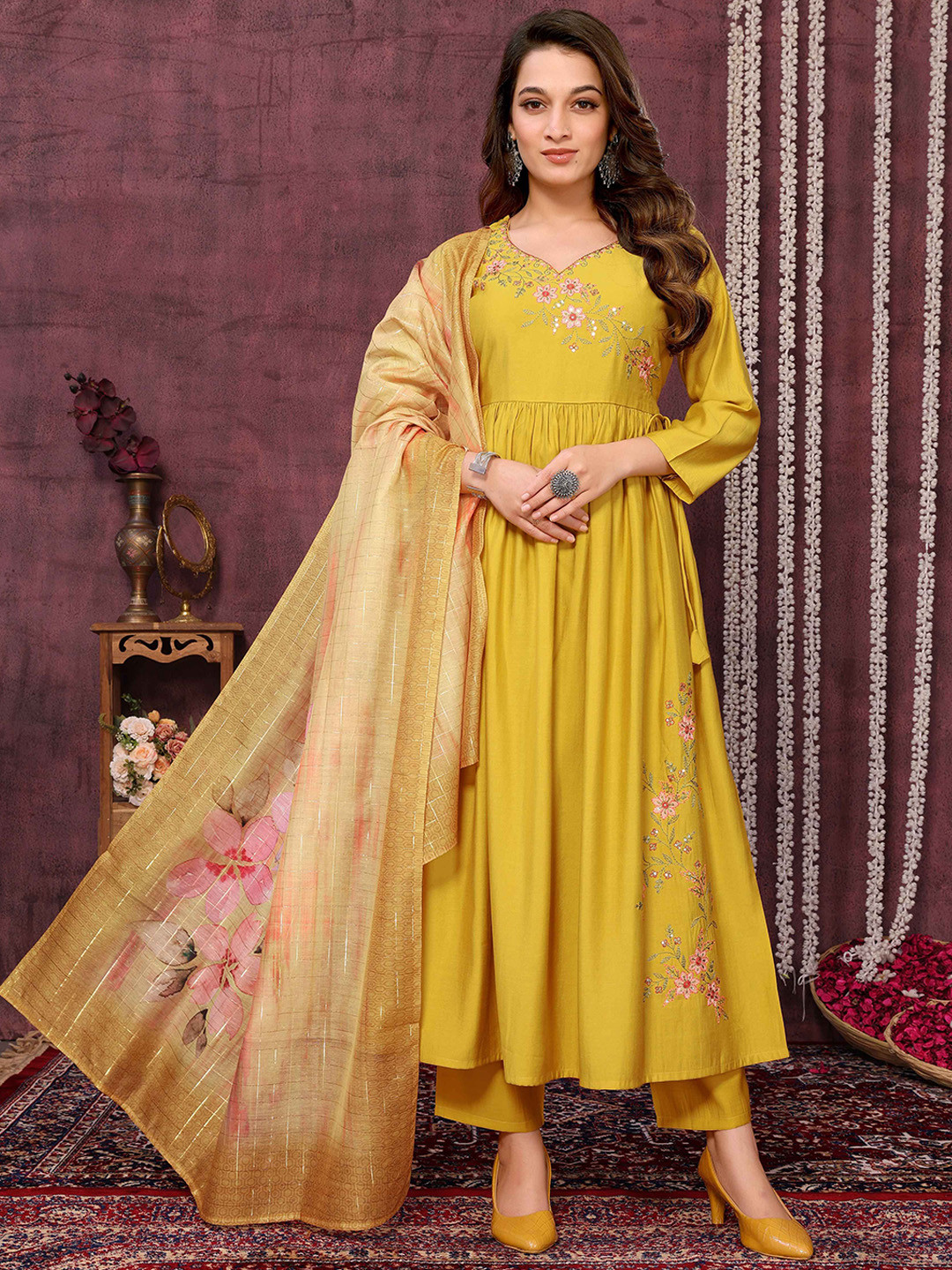 

Krimmple Floral Embroidered Sweetheart Neck Angrakha Kurta With Trouser And Dupatta, Mustard