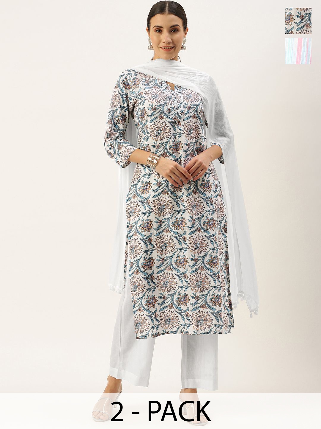 

KALINI Selection Of 2 Floral Printed Key Hole Neck Straight Kurtas With Trousers, Off white