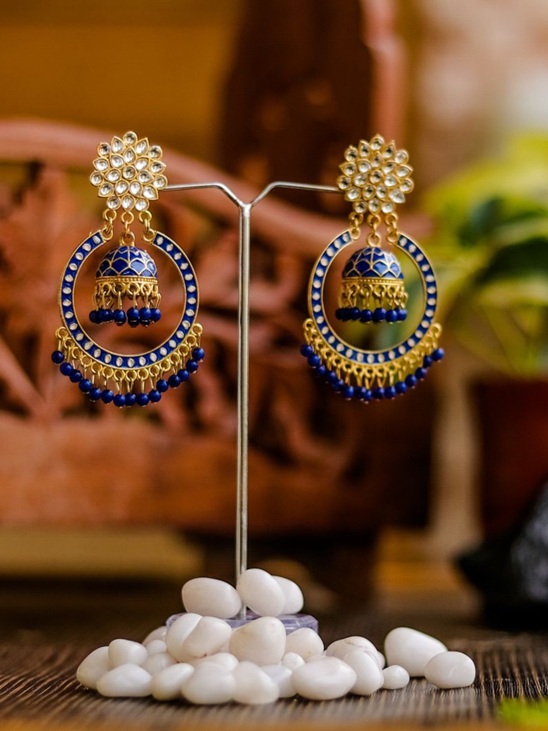 

PolluxCraft Gold-Plated Artificial Stones Studded And Beaded Circular Shaped Jhumkas, Blue