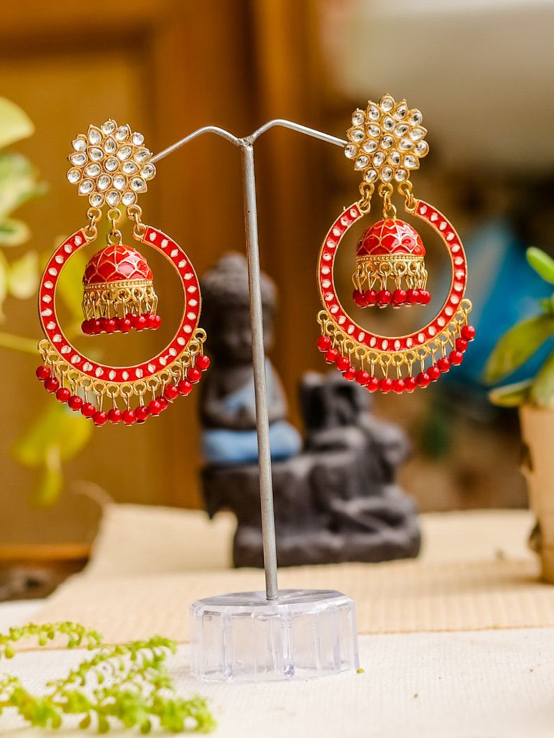 

PolluxCraft Gold-Plated Artificial Stones Studded And Beaded Circular Shaped Jhumkas, Red