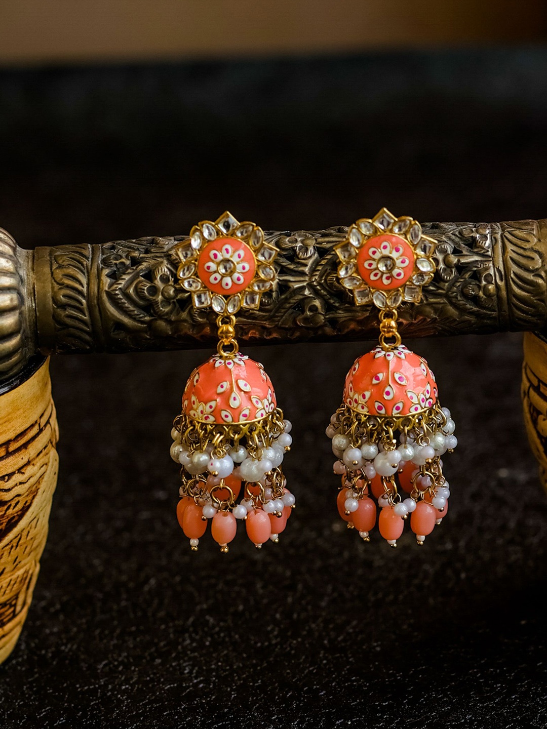 

PolluxCraft Gold-Plated Artificial Stones Studded And Beaded Dome Shaped Jhumkas, Orange