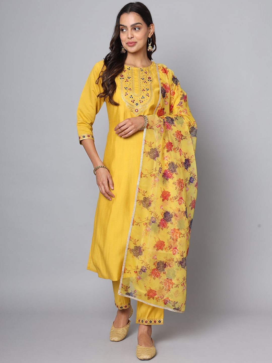 

Krimmple Thread Work Round Neck Straight Kurta With Trouser And Dupatta, Mustard