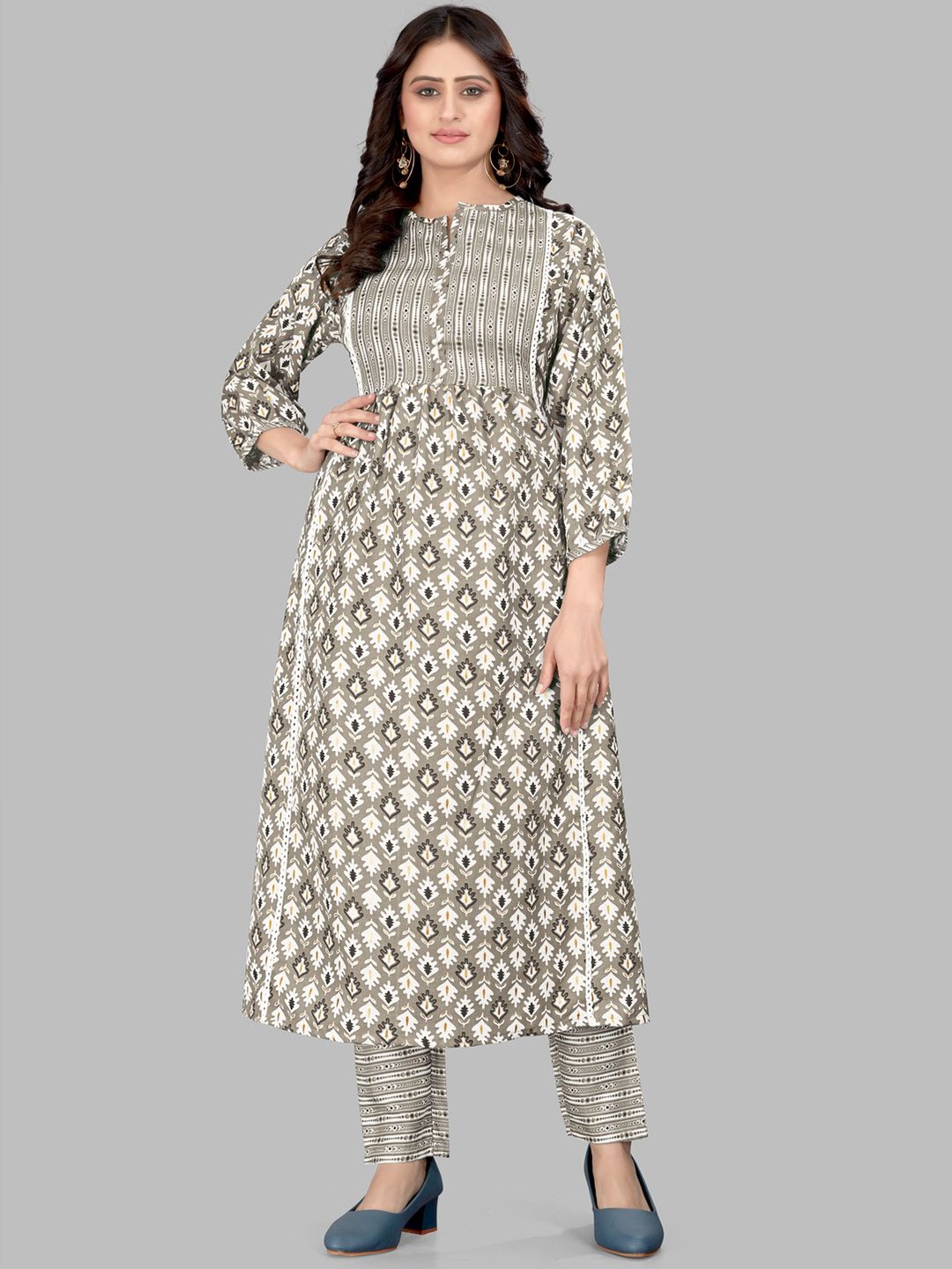 

Krimmple Ethnic Motifs Printed Notch Neck A-line Kurta With Trouser, Olive