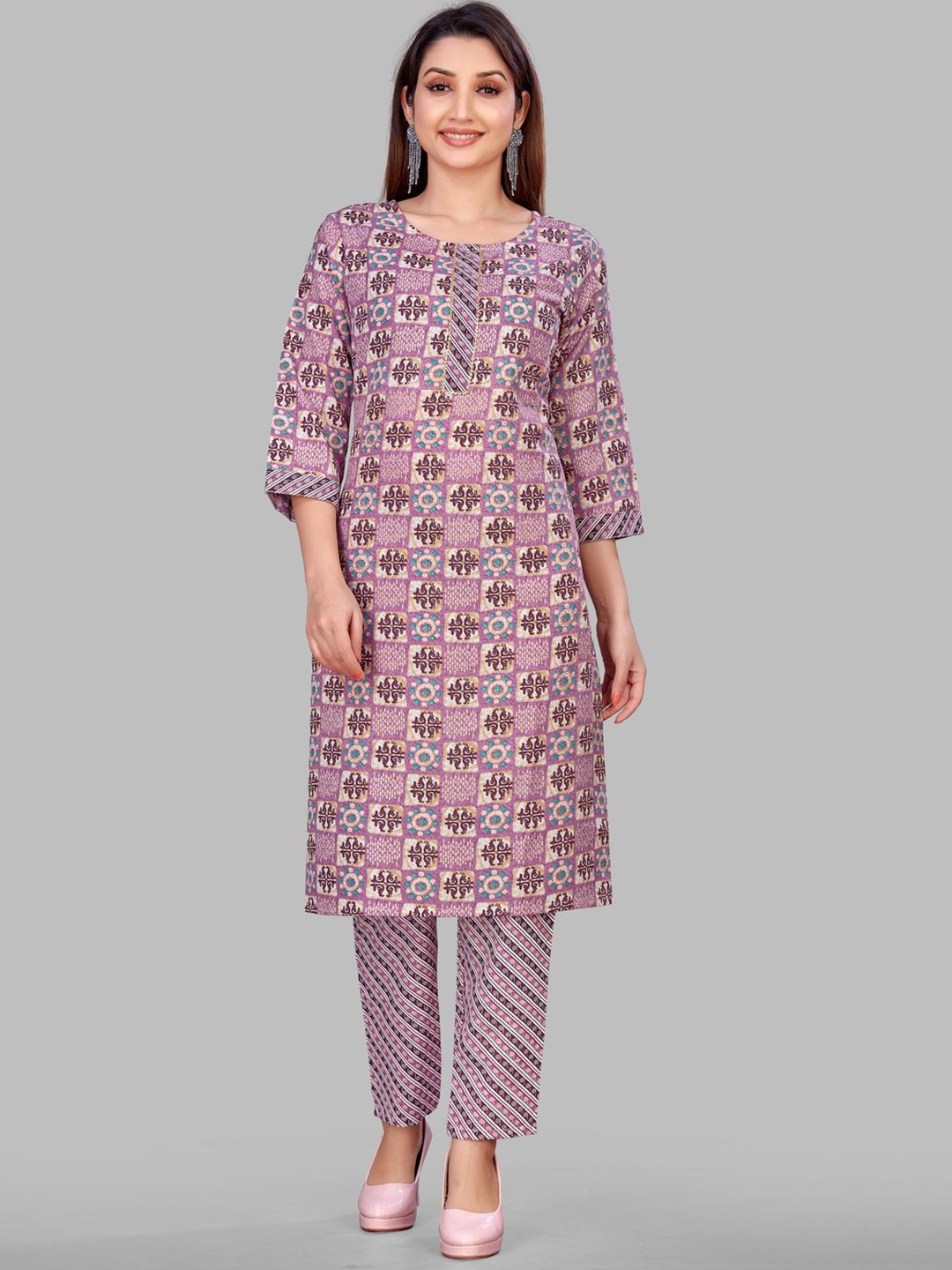 

Krimmple Ethnic Motifs Printed Round Neck Straight Kurta With Trouser, Purple