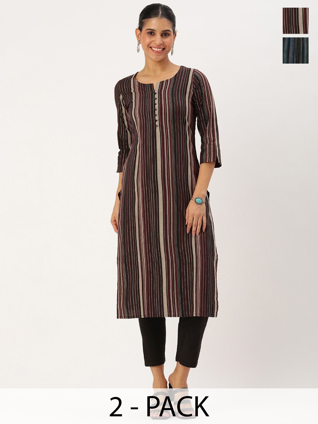 

KALINI Selection Of 2 Striped Printed Notch Neck Straight Kurtas With Trousers, Brown