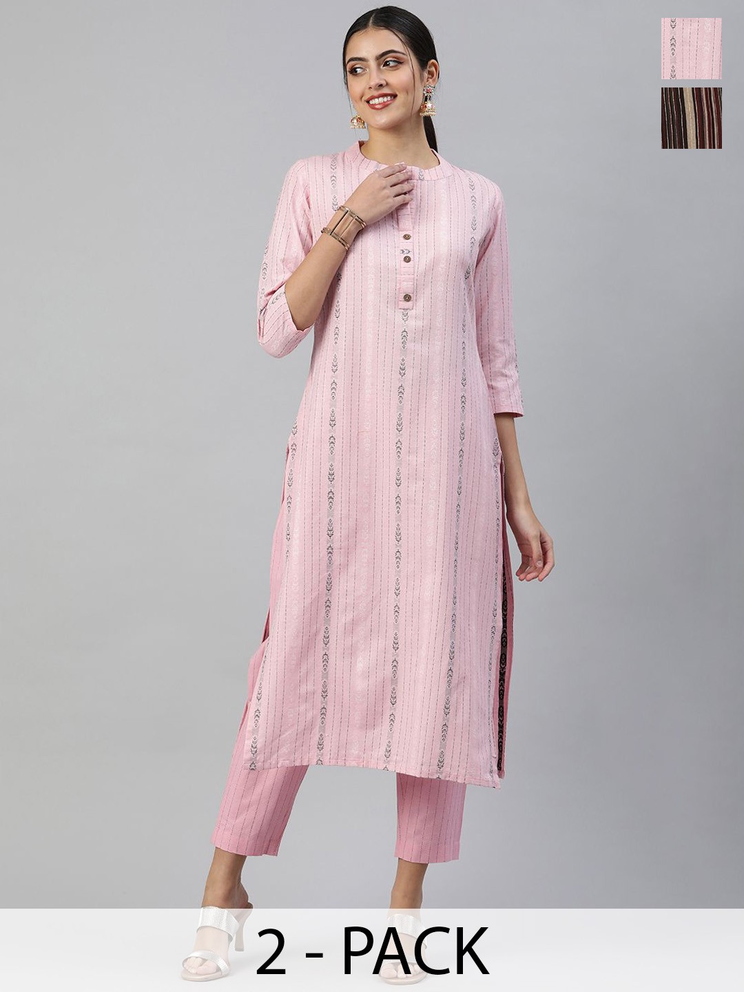 

KALINI Selection Of 2 Striped Printed Notch Neck Straight Kurtas With Trousers, Pink
