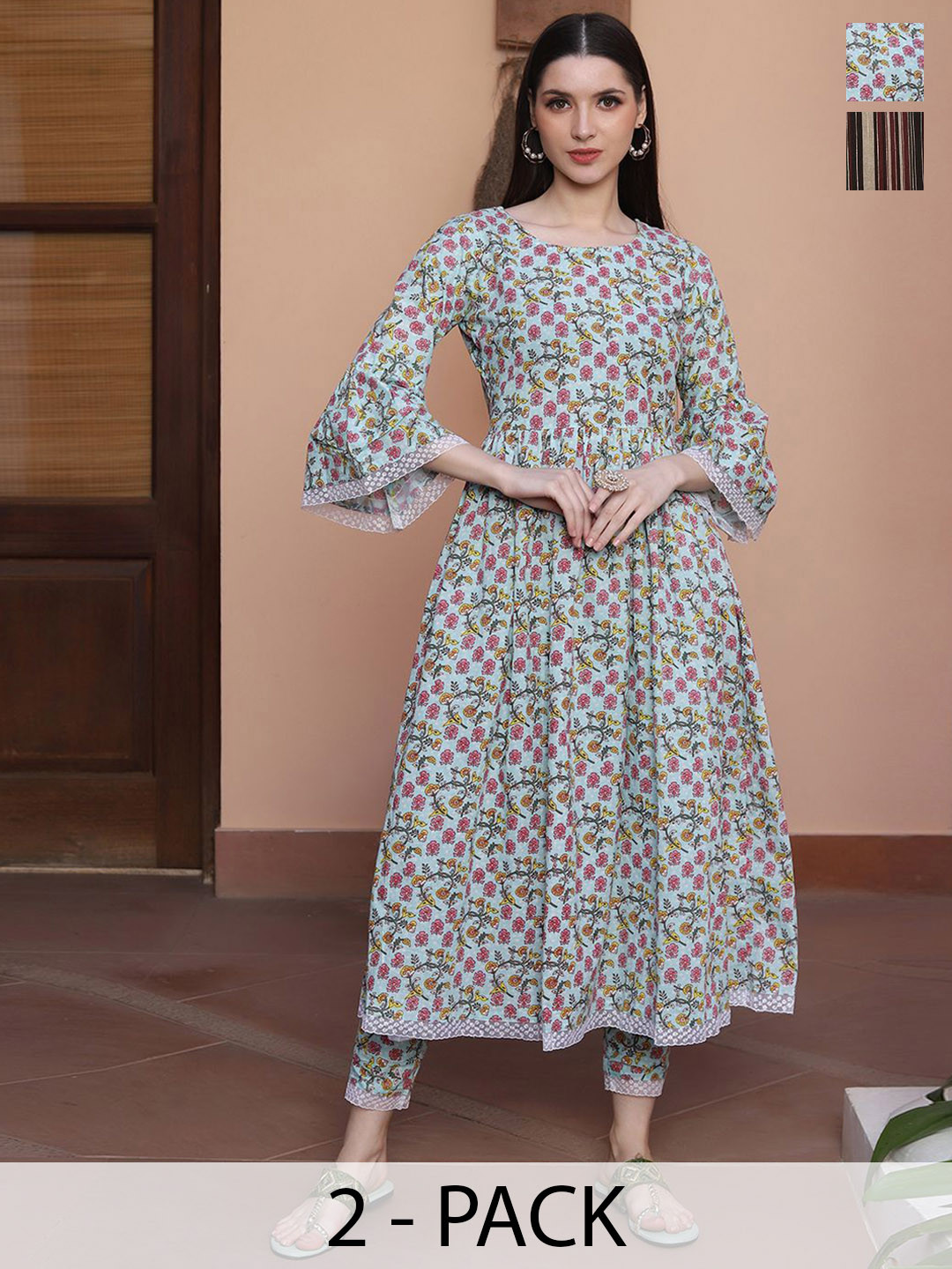 

KALINI Selection Of 2 Floral Printed Round Neck A-line Kurtas With Trousers, Blue