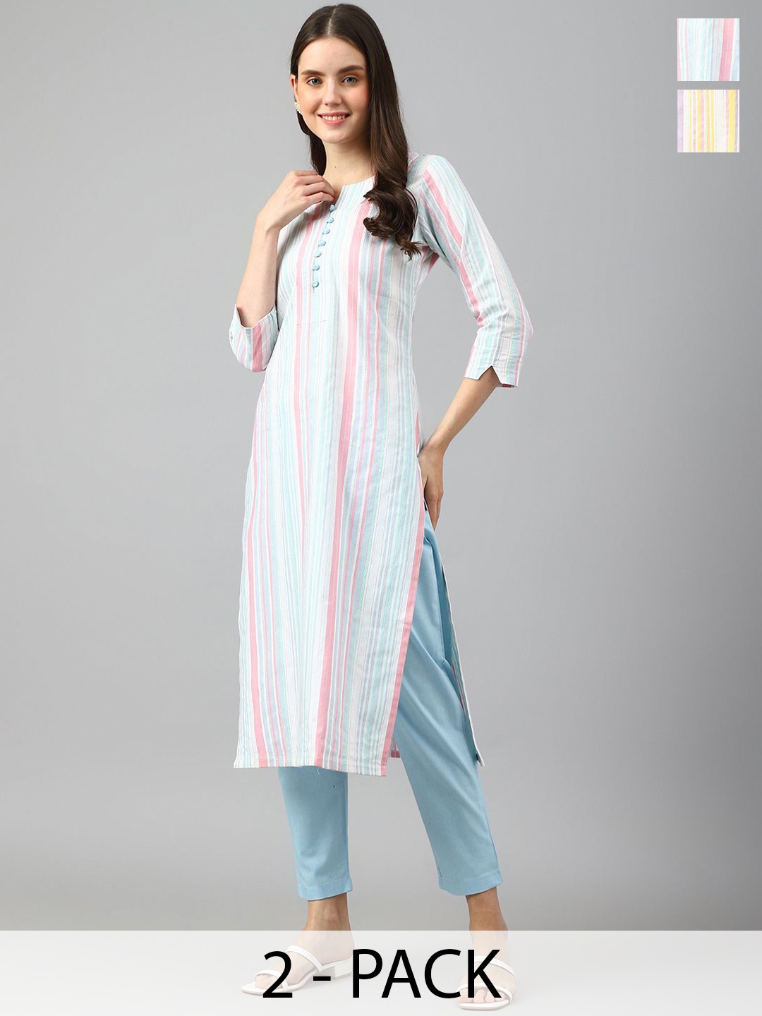 

KALINI Selection Of 2 Striped Printed Notch Neck Straight Kurtas With Trousers, Blue