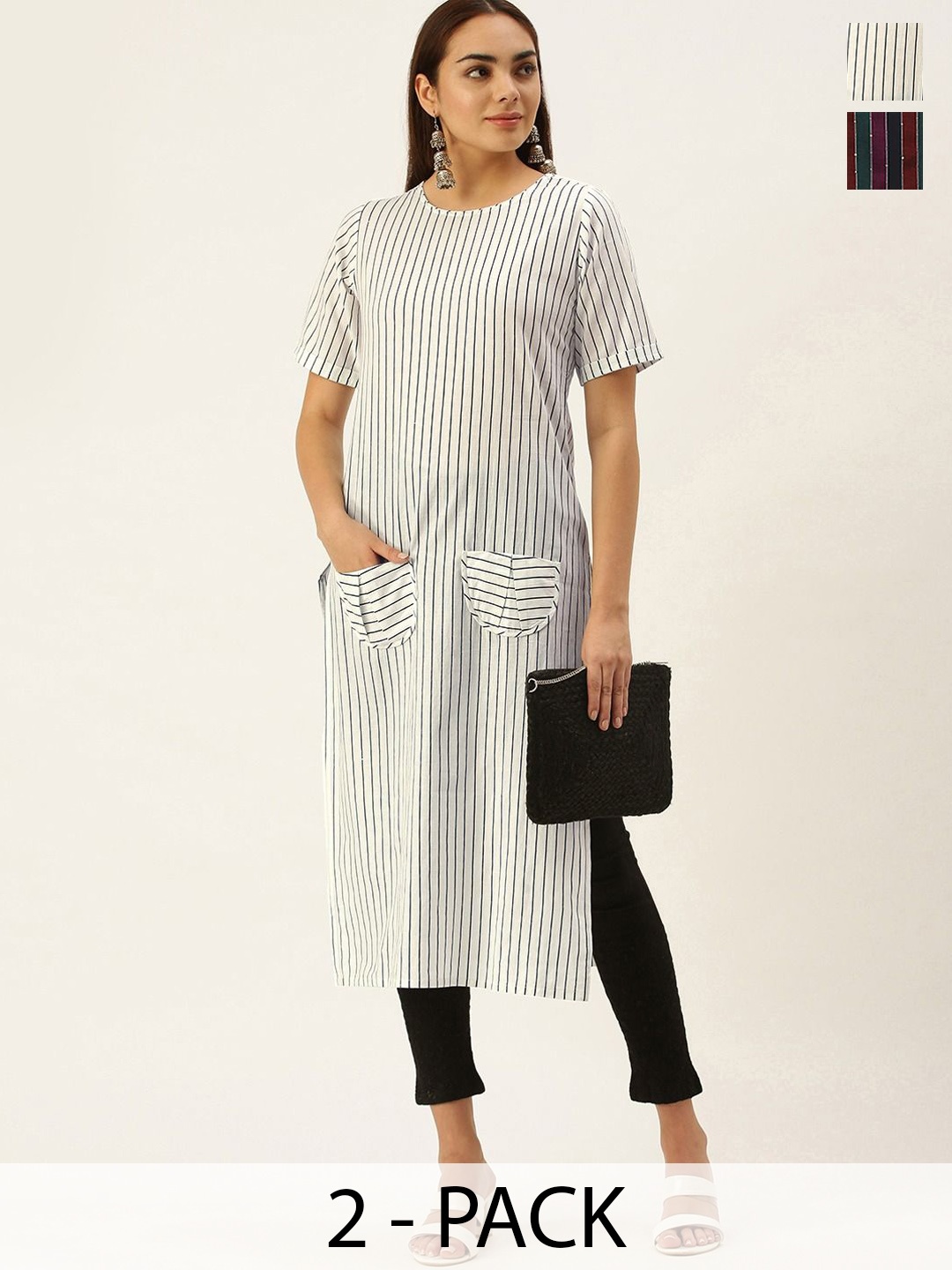

KALINI Selection Of 2 Striped Round Neck Straight Kurtas, White