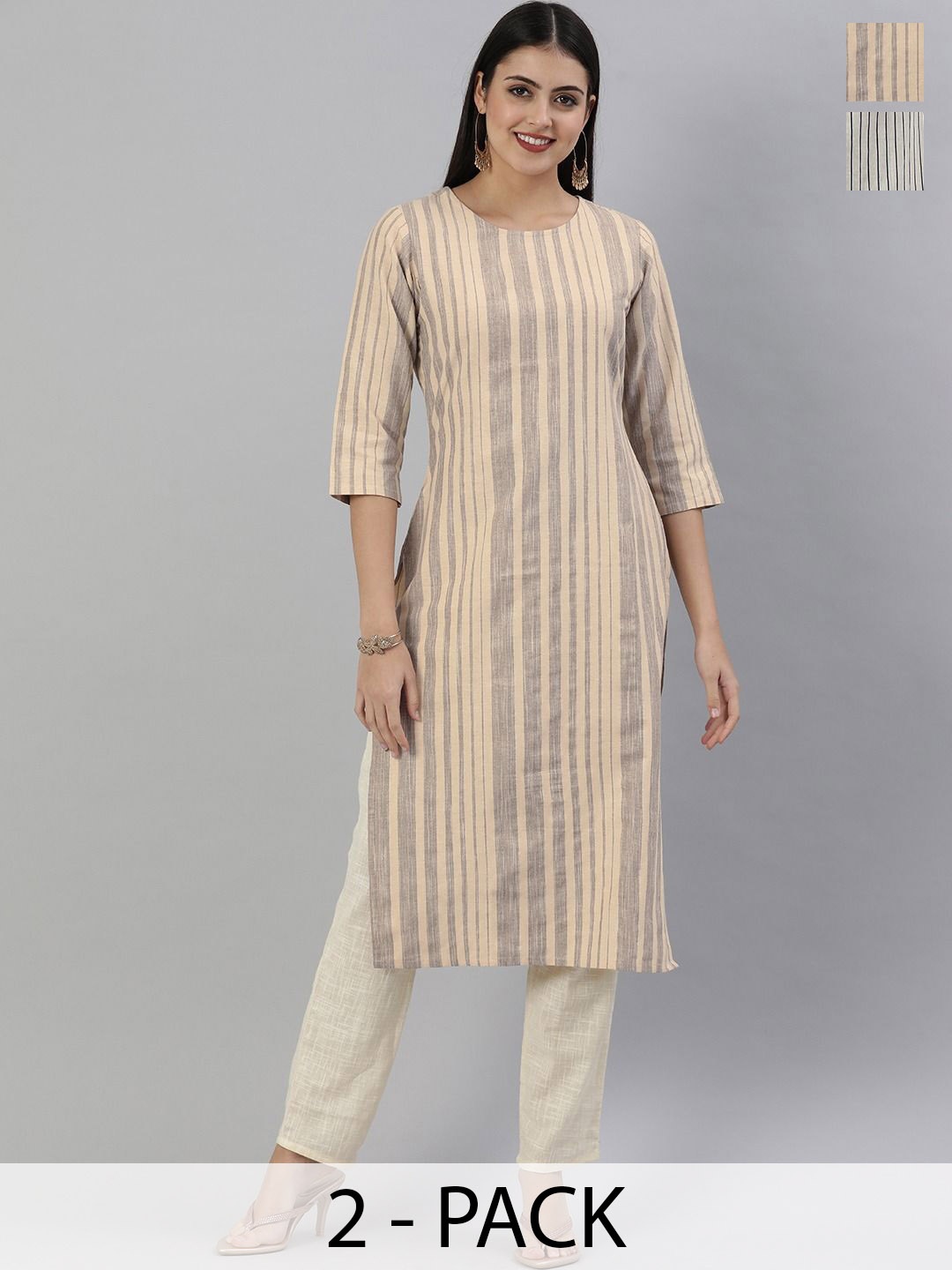 

KALINI Selection Of 2 Striped Round Neck Straight Kurtas, Beige