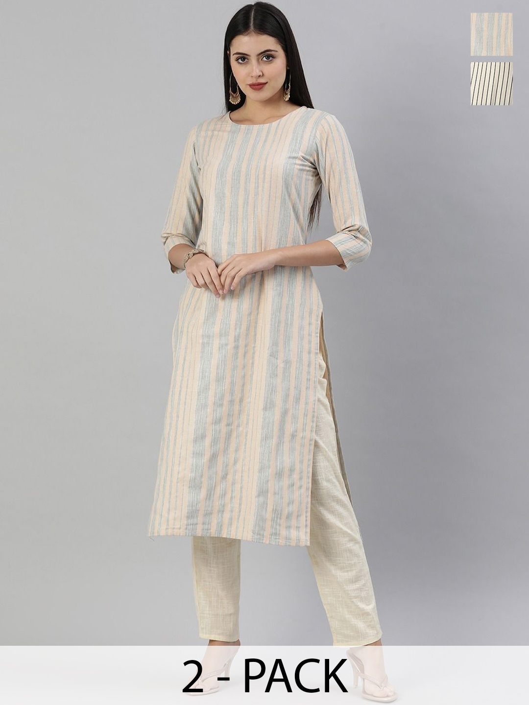 

KALINI Selection Of 2 Striped Round Neck Straight Kurtas, White