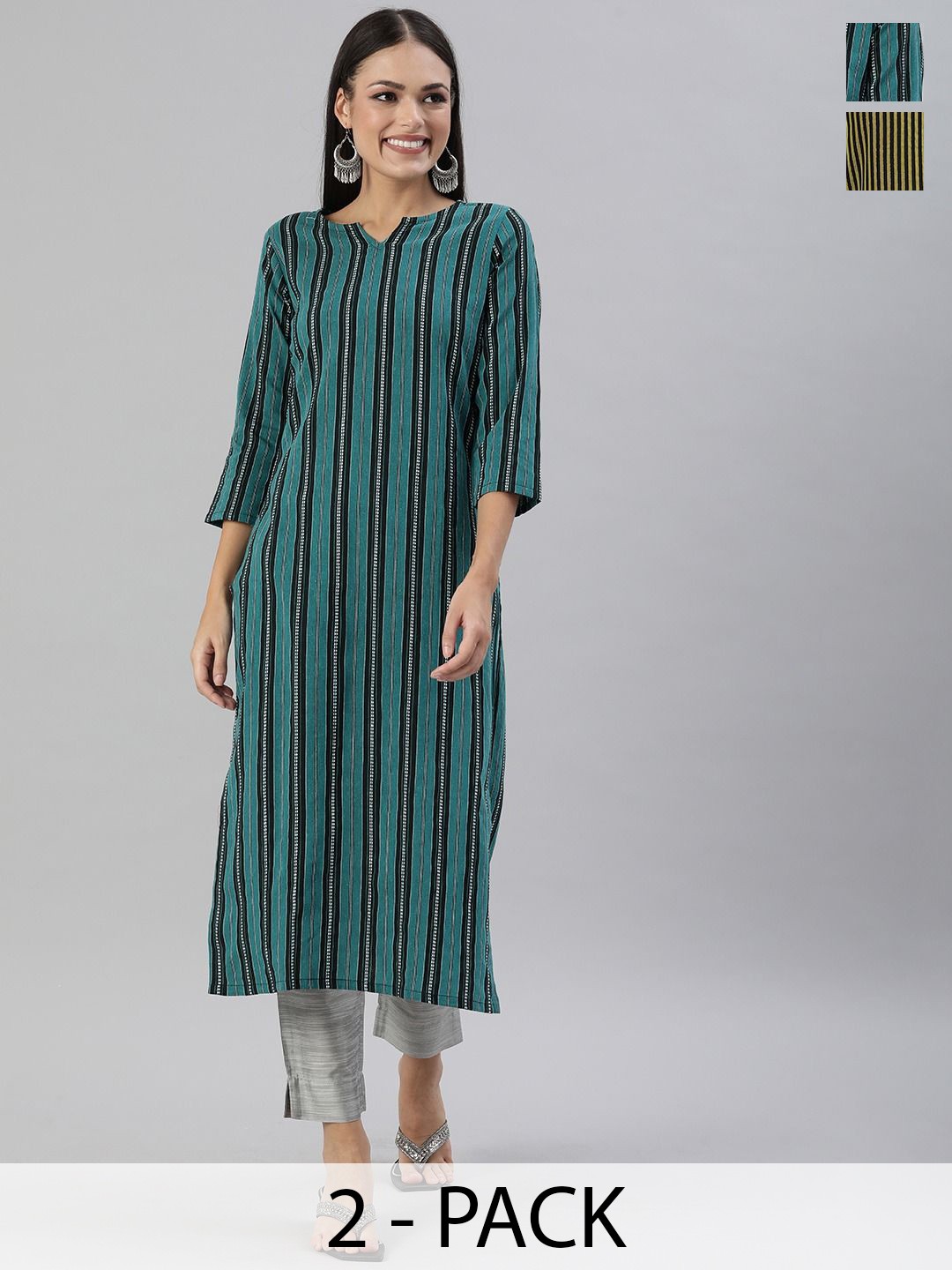

KALINI Selection Of 2 Striped Boat Neck Straight Kurtas, Teal