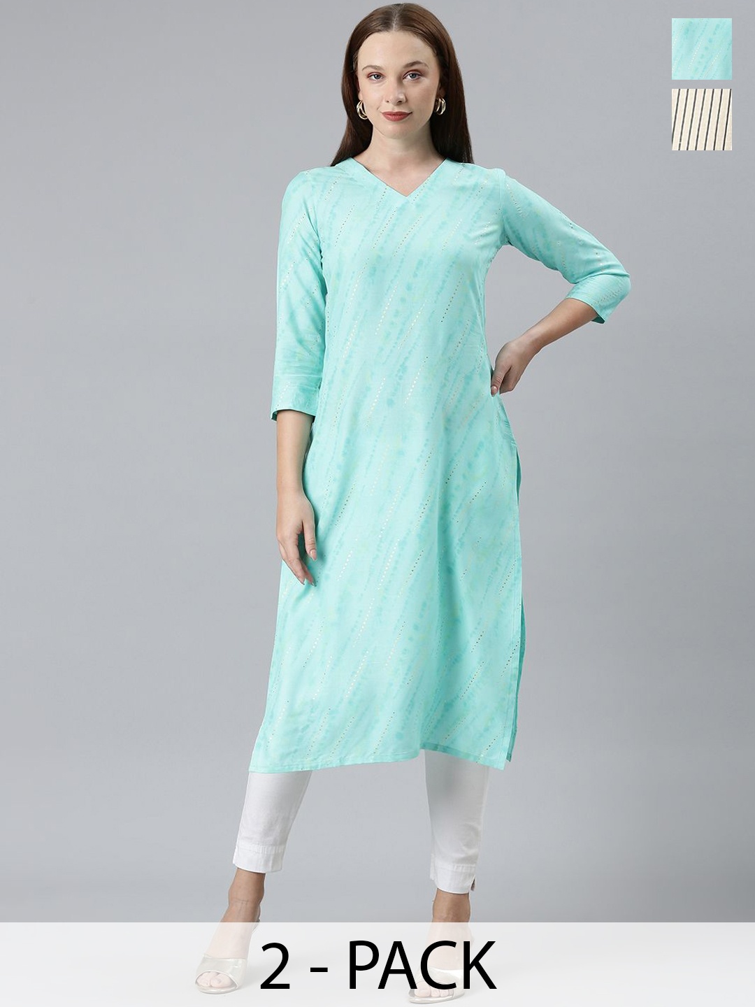 

KALINI Selection Of 2 Striped Round Neck Straight Kurtas, Blue