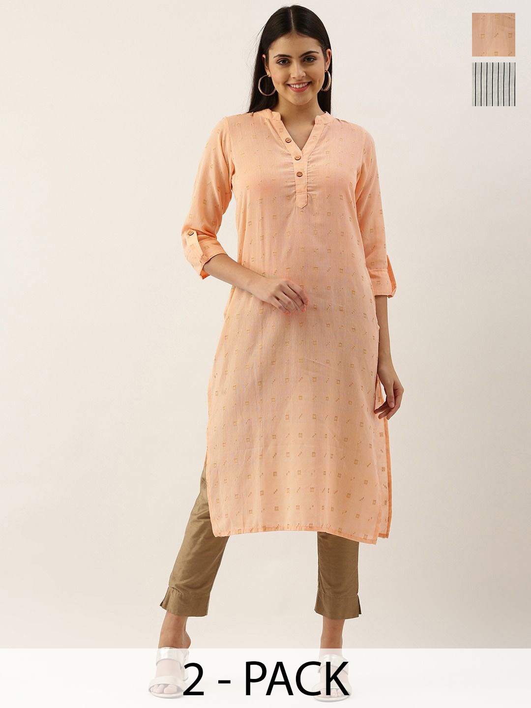 

KALINI Selection Of 2 Striped Round Neck Straight Kurtas, Peach