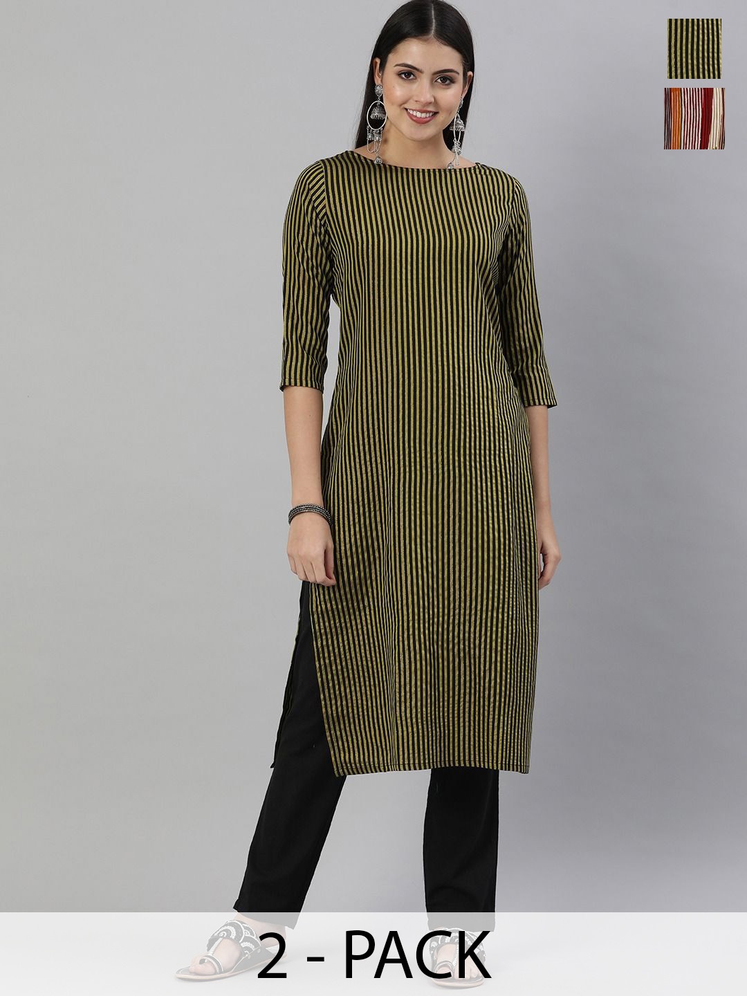 

KALINI Selection Of 2 Striped Boat Neck Straight Kurtas, Green