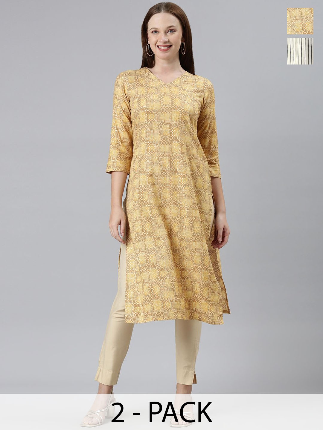

KALINI Selection Of 2 Striped Round Neck Straight Kurtas, Yellow