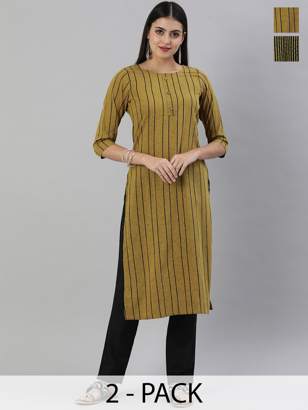 

KALINI Selection Of 2 Striped Boat Neck Straight Kurtas, Mustard