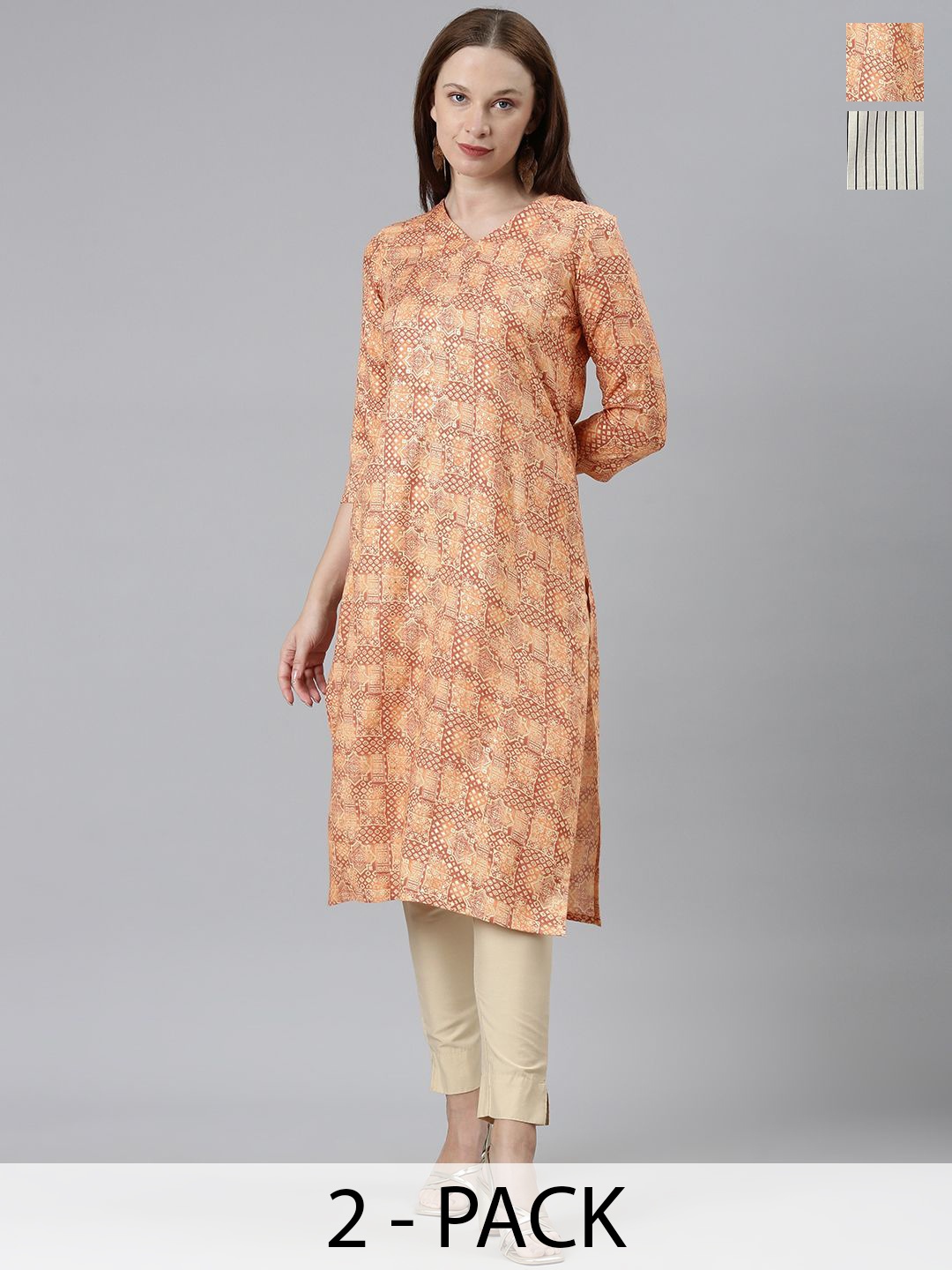 

KALINI Selection Of 2 Striped Round Neck Straight Kurtas, Peach