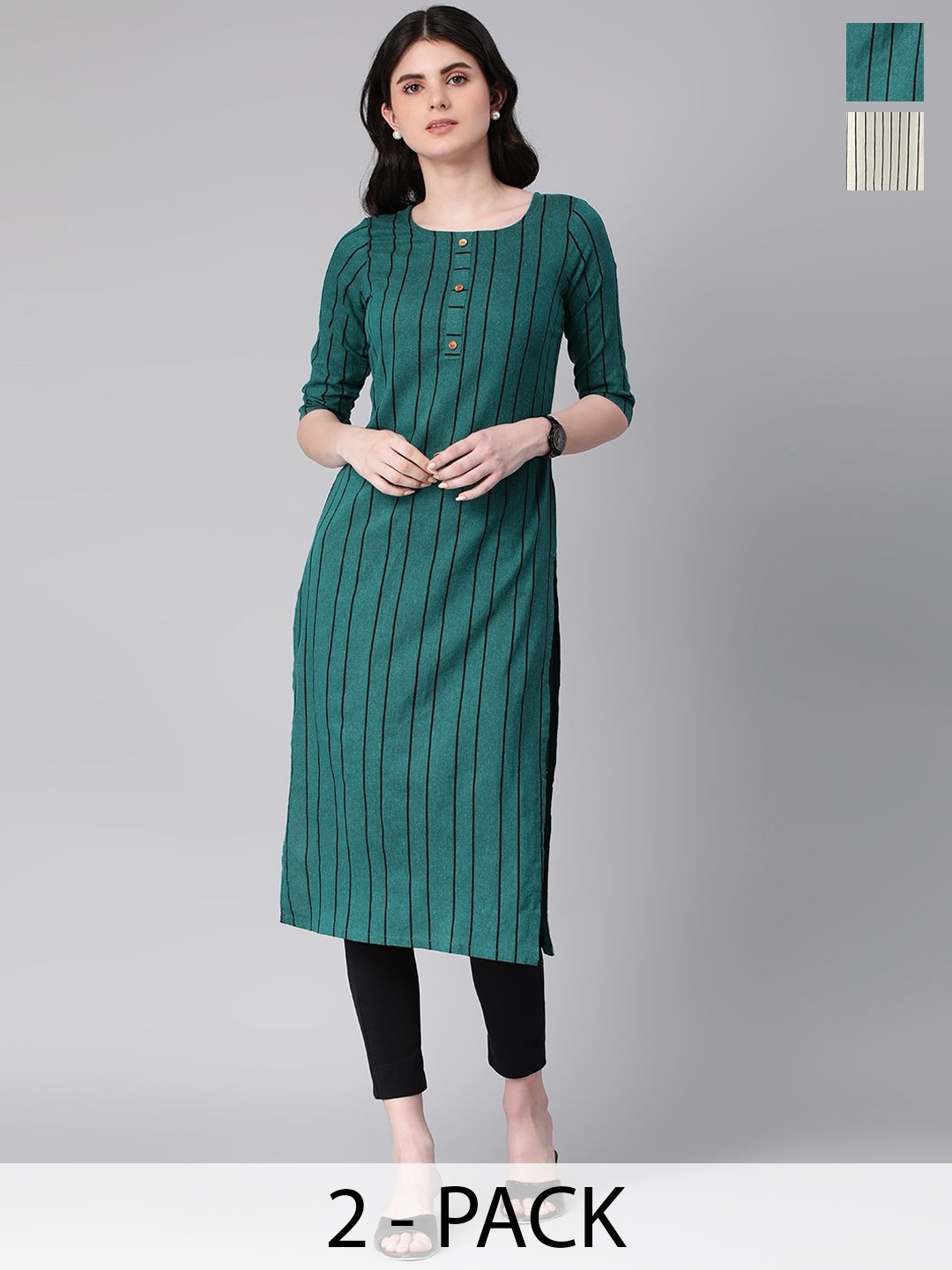 

KALINI Selection Of 2 Striped Round Neck Straight Kurtas, Green
