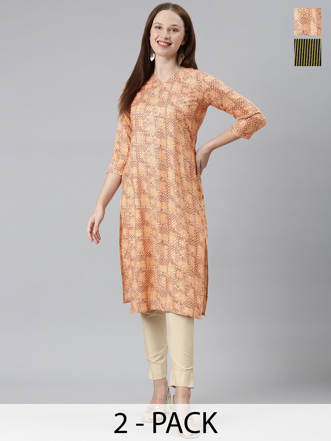 

KALINI Selection Of 2 Striped Boat Neck Straight Kurtas, Peach