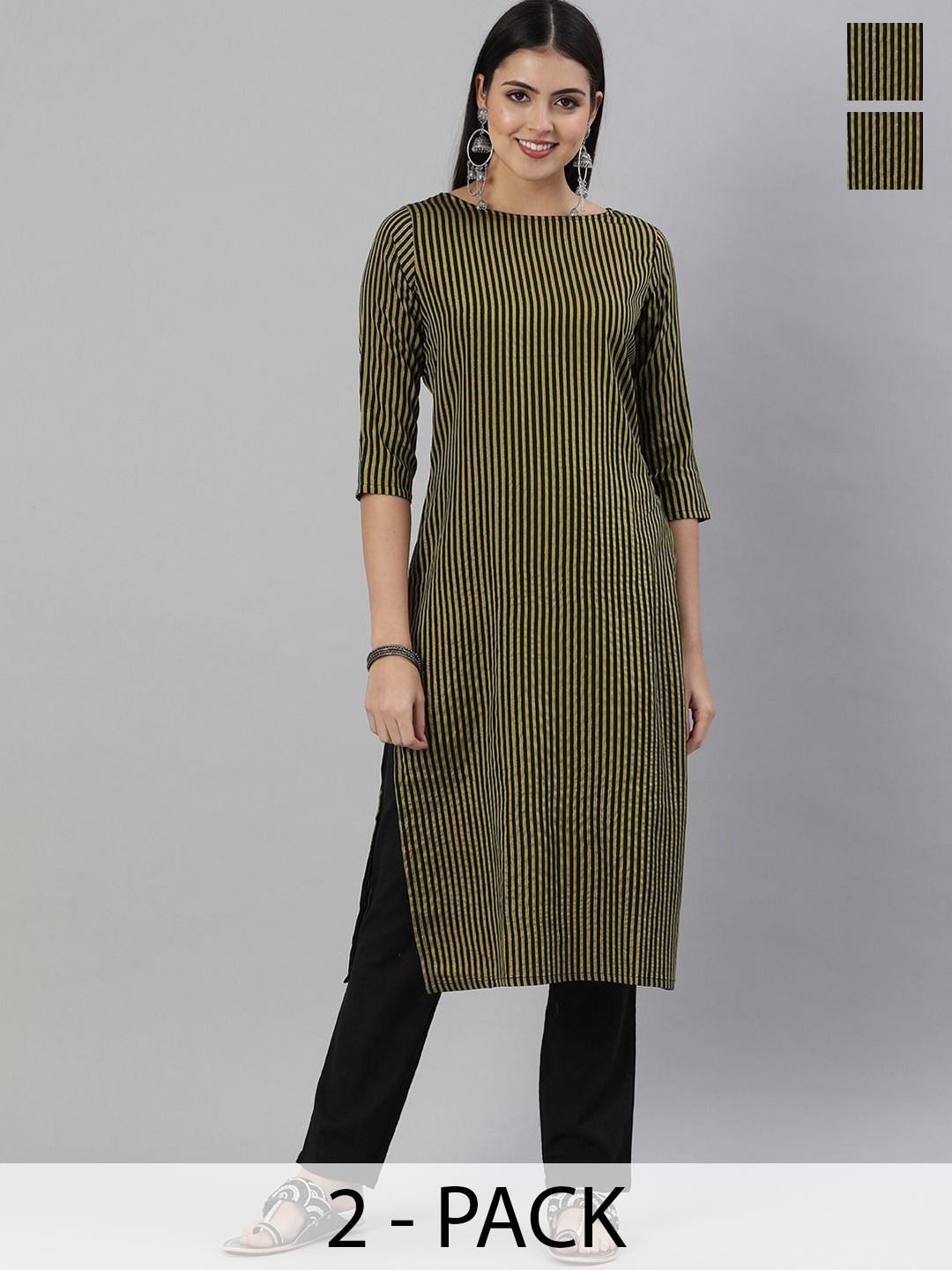 

KALINI Selection Of 2 Striped Boat Neck Straight Kurtas, Green