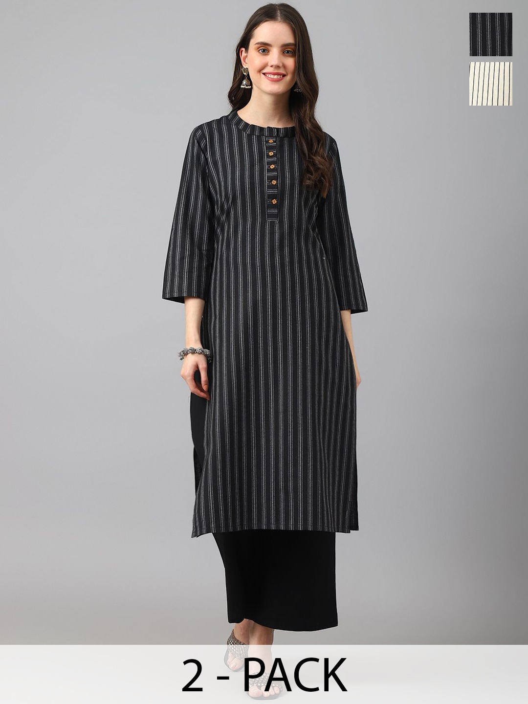 

KALINI Selection Of 2 Striped Round Neck Straight Kurtas, Black