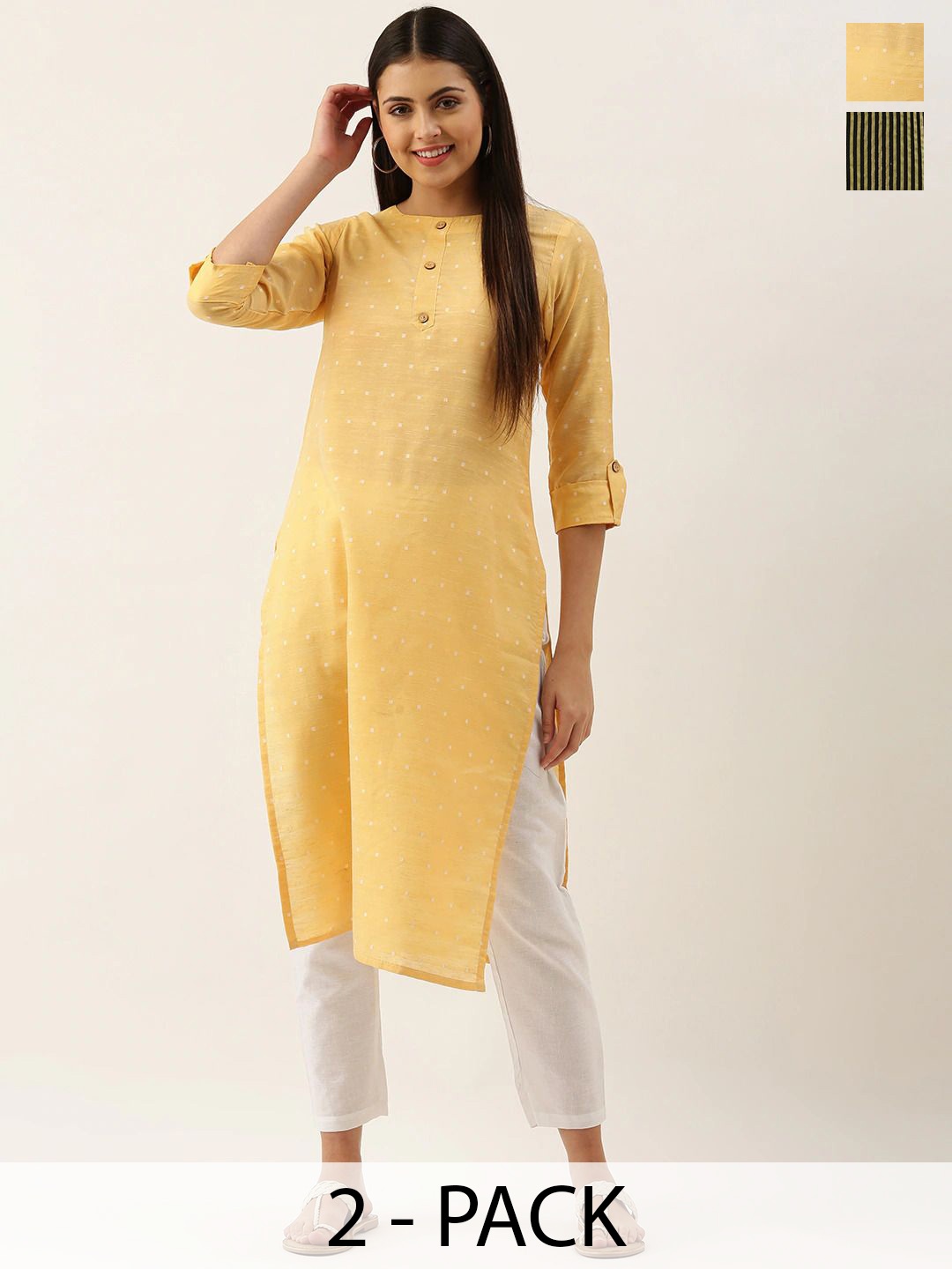 

KALINI Selection Of 2 Striped Boat Neck Straight Kurtas, Yellow