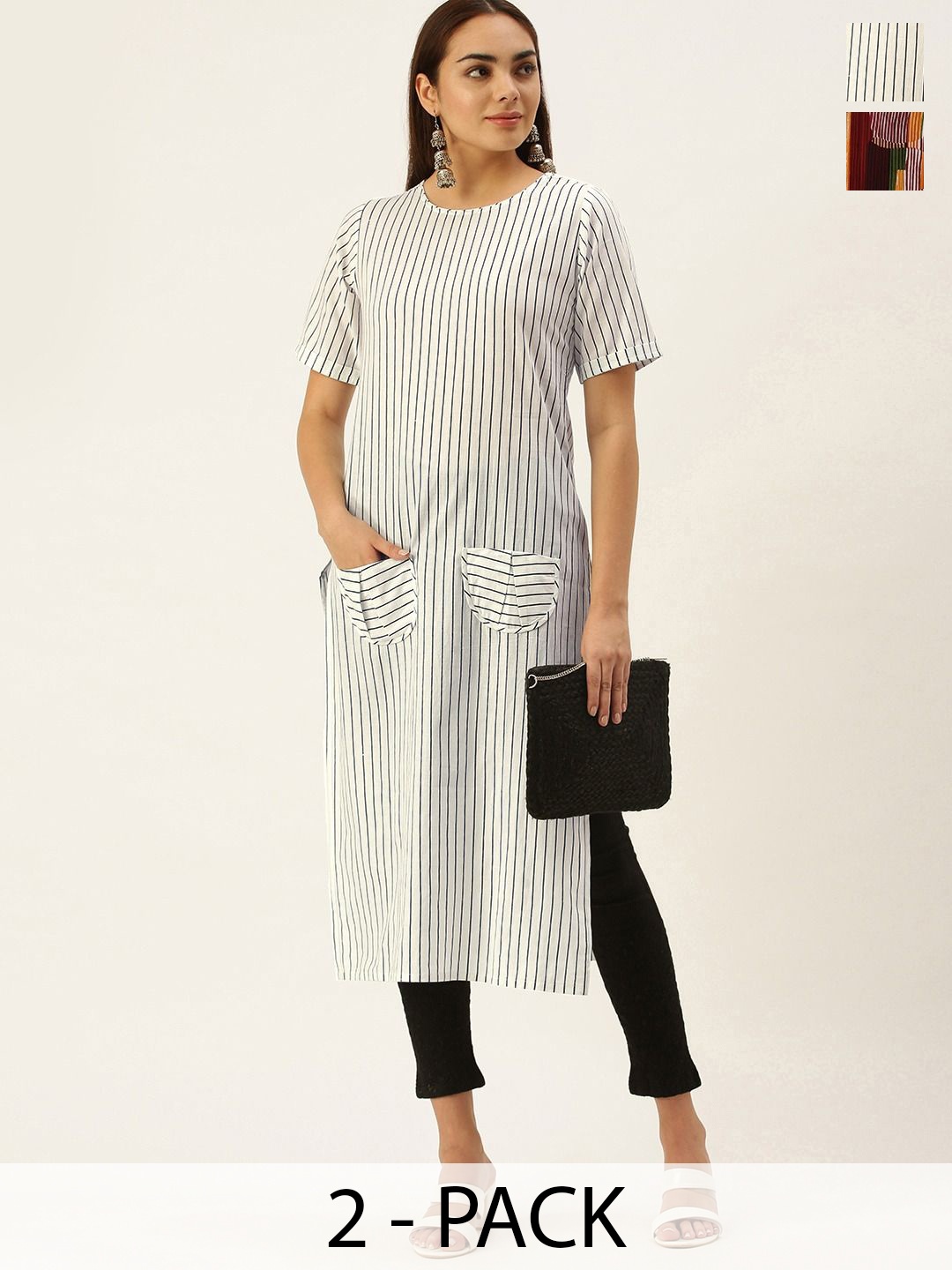 

KALINI Selection Of 2 Striped Round Neck Straight Kurtas, White