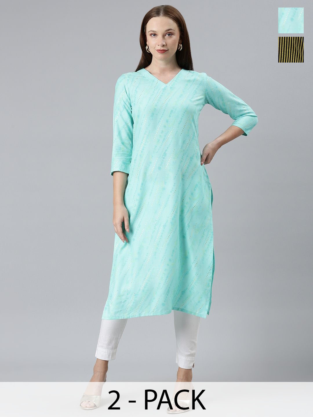 

KALINI Selection Of 2 Striped Boat Neck Straight Kurtas, Blue