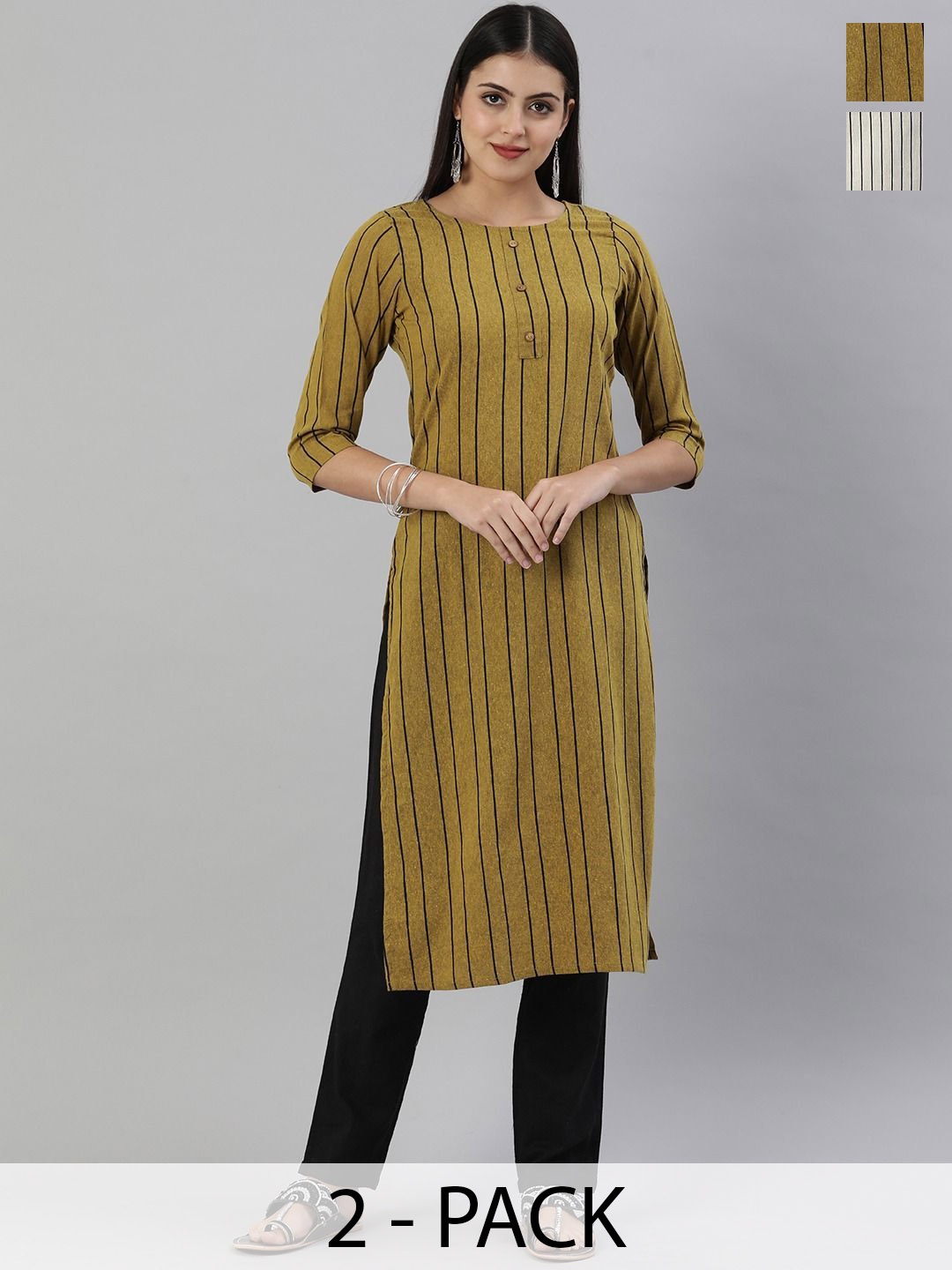 

KALINI Selection Of 2 Striped Round Neck Straight Kurtas, Mustard