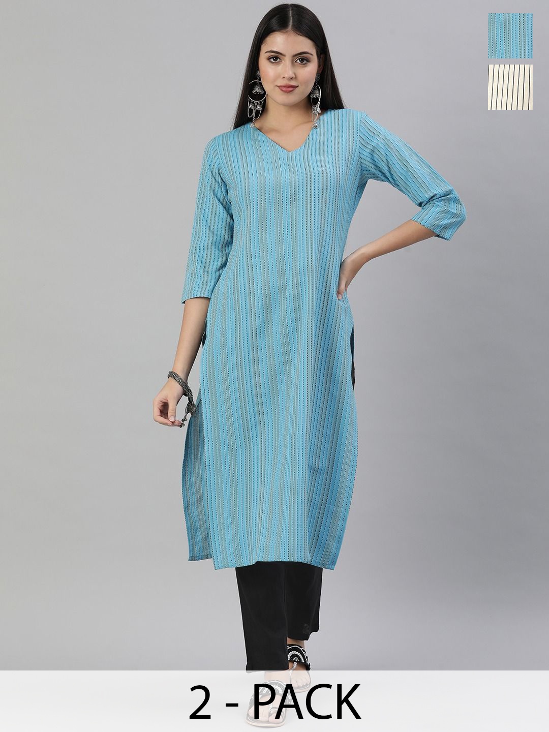 

KALINI Selection Of 2 Striped V- Neck Straight Kurtas, Turquoise blue