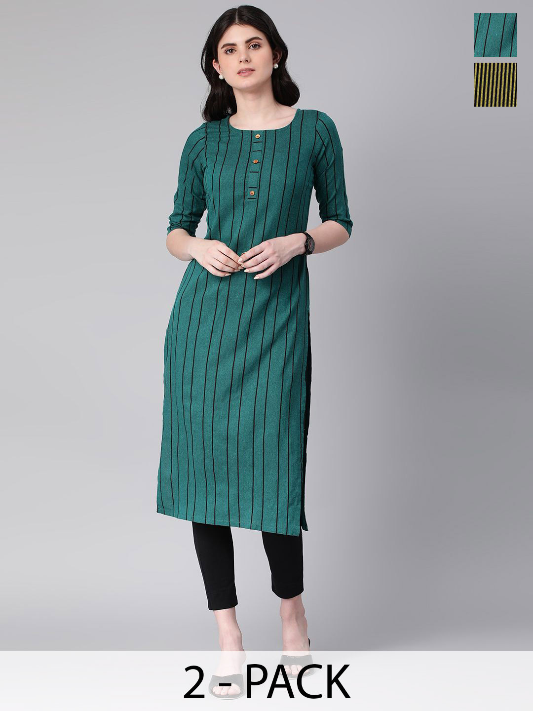 

KALINI Selection Of 2 Striped Boat Neck Straight Kurtas, Green