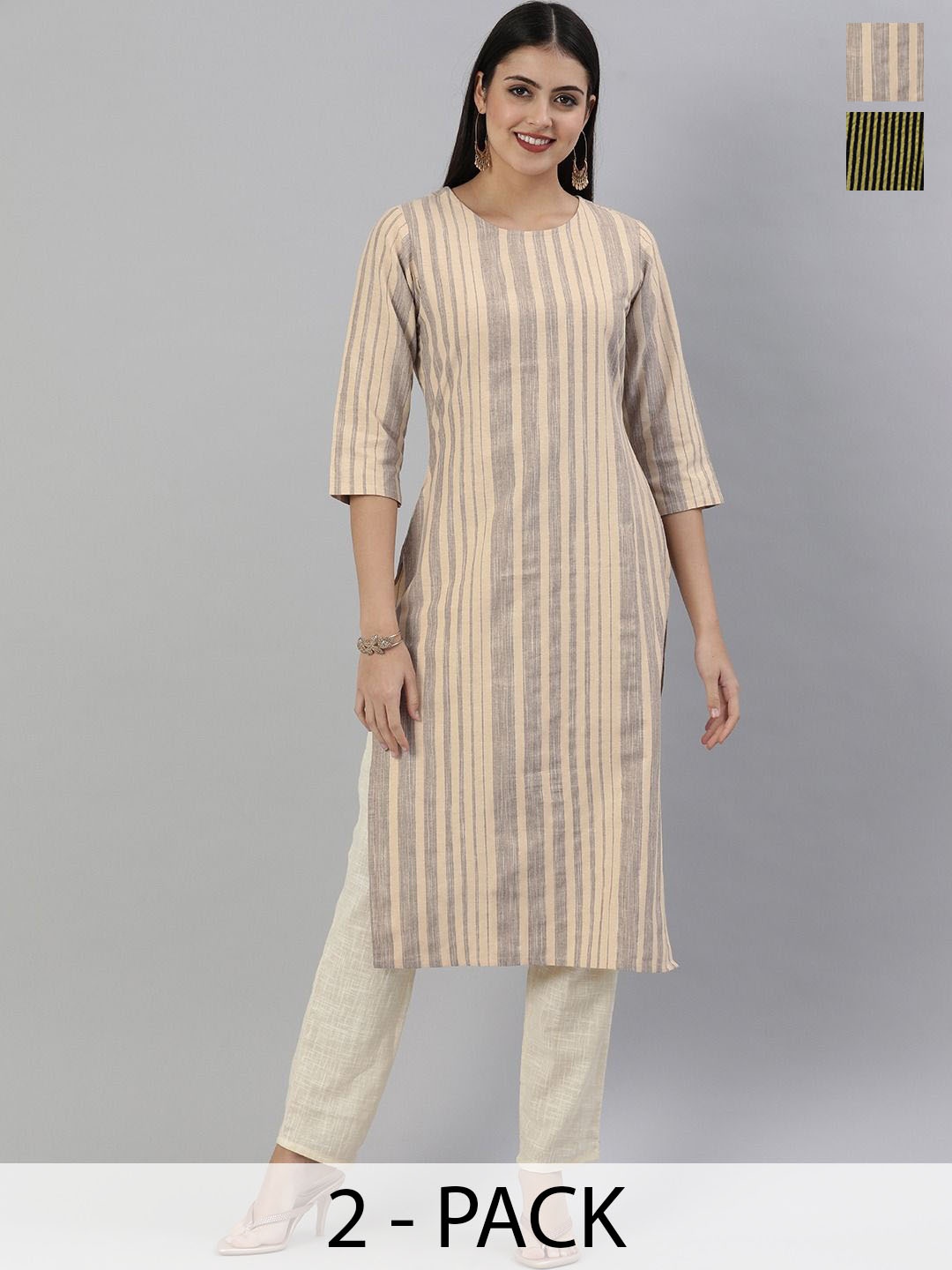 

KALINI Selection Of 2 Striped Round Neck Straight Kurtas, Beige