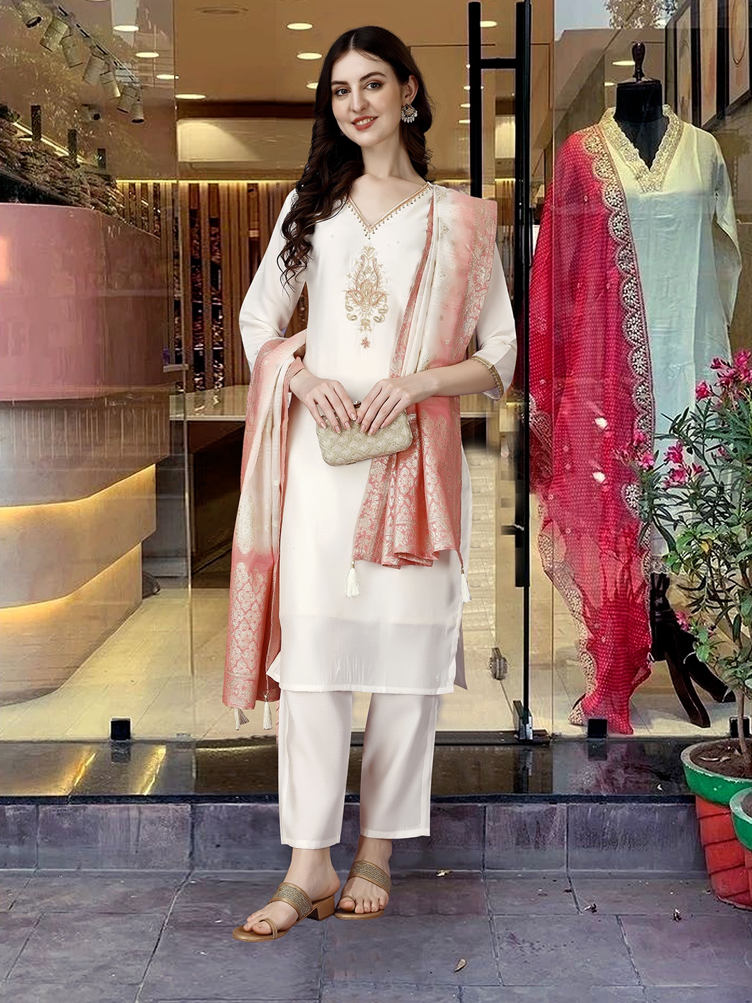 

DIVASTRI Ethnic Motif Sequinned V-Neck Straight Kurta With Trousers And Dupatta, Cream