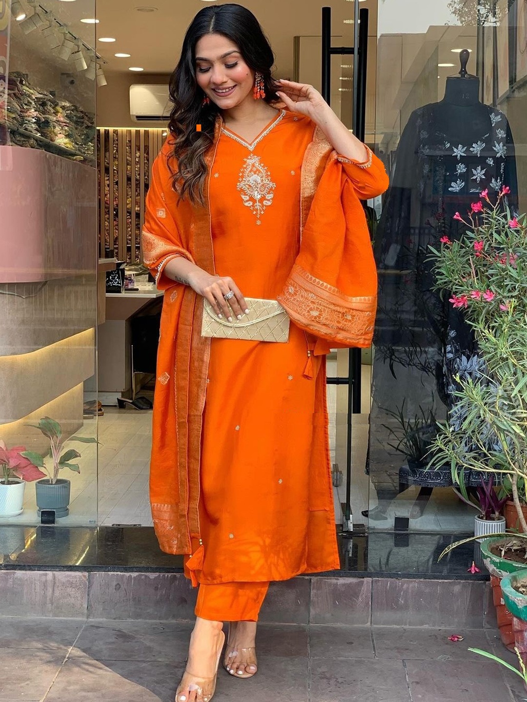 

DIVASTRI Ethnic Motifs Embroidered Beads And Stones V-Neck Kurta with Trousers & Dupatta, Orange