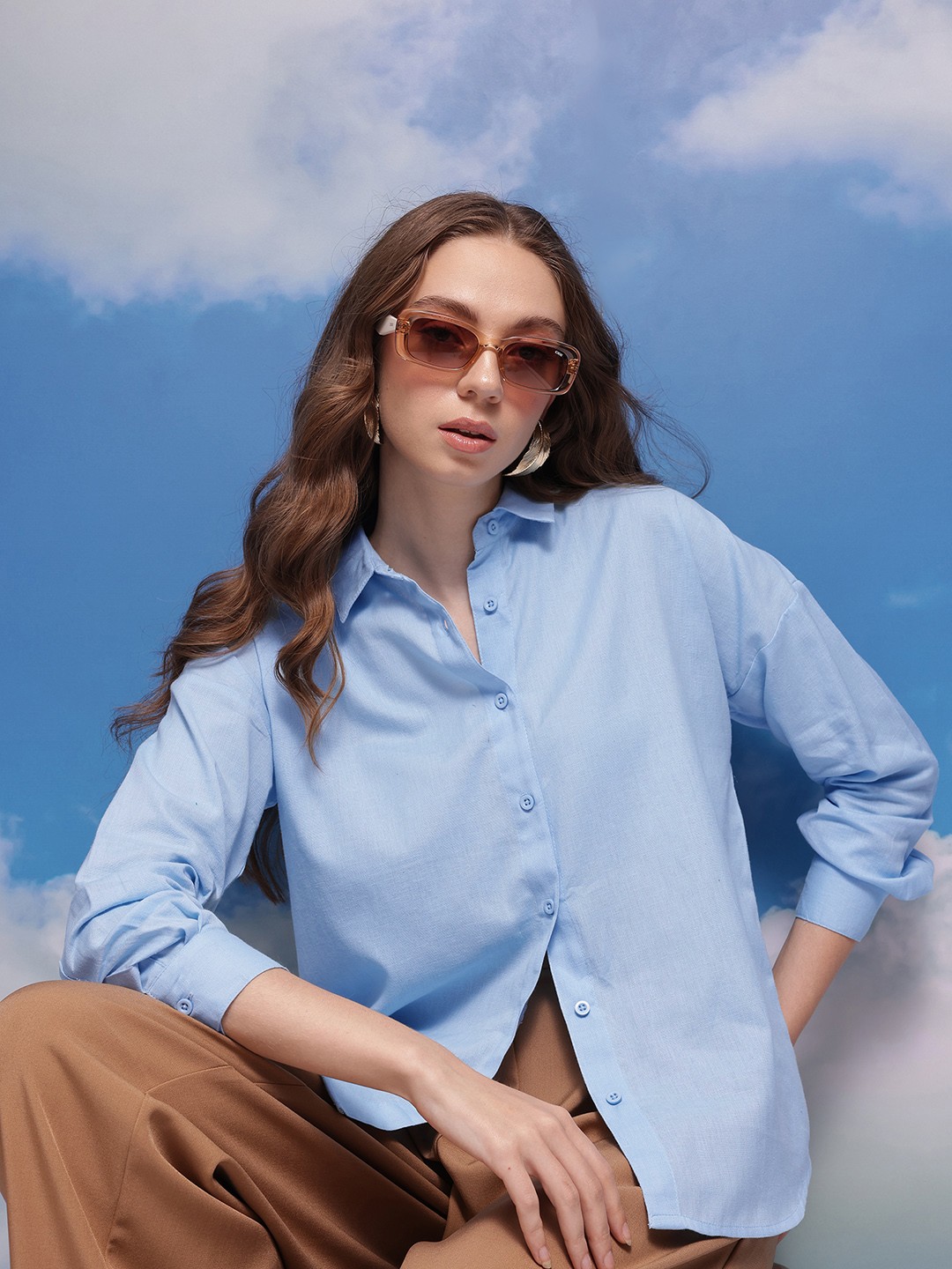 

CORSICA Women Cotton Linen Casual Shirt, Blue