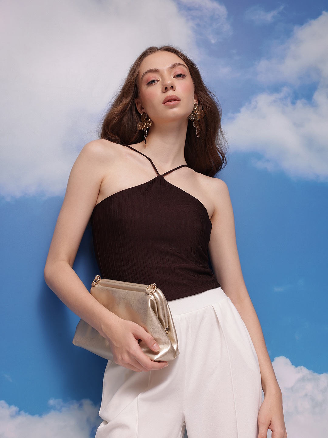 

CORSICA Ribbed Crinkle Sleeveless Crop Top, Brown