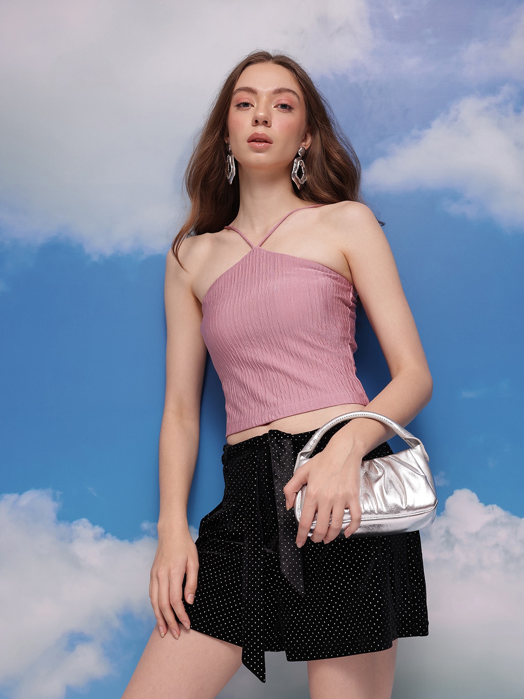 

CORSICA Ribbed Crinkle Sleeveless Crop Top, Mauve